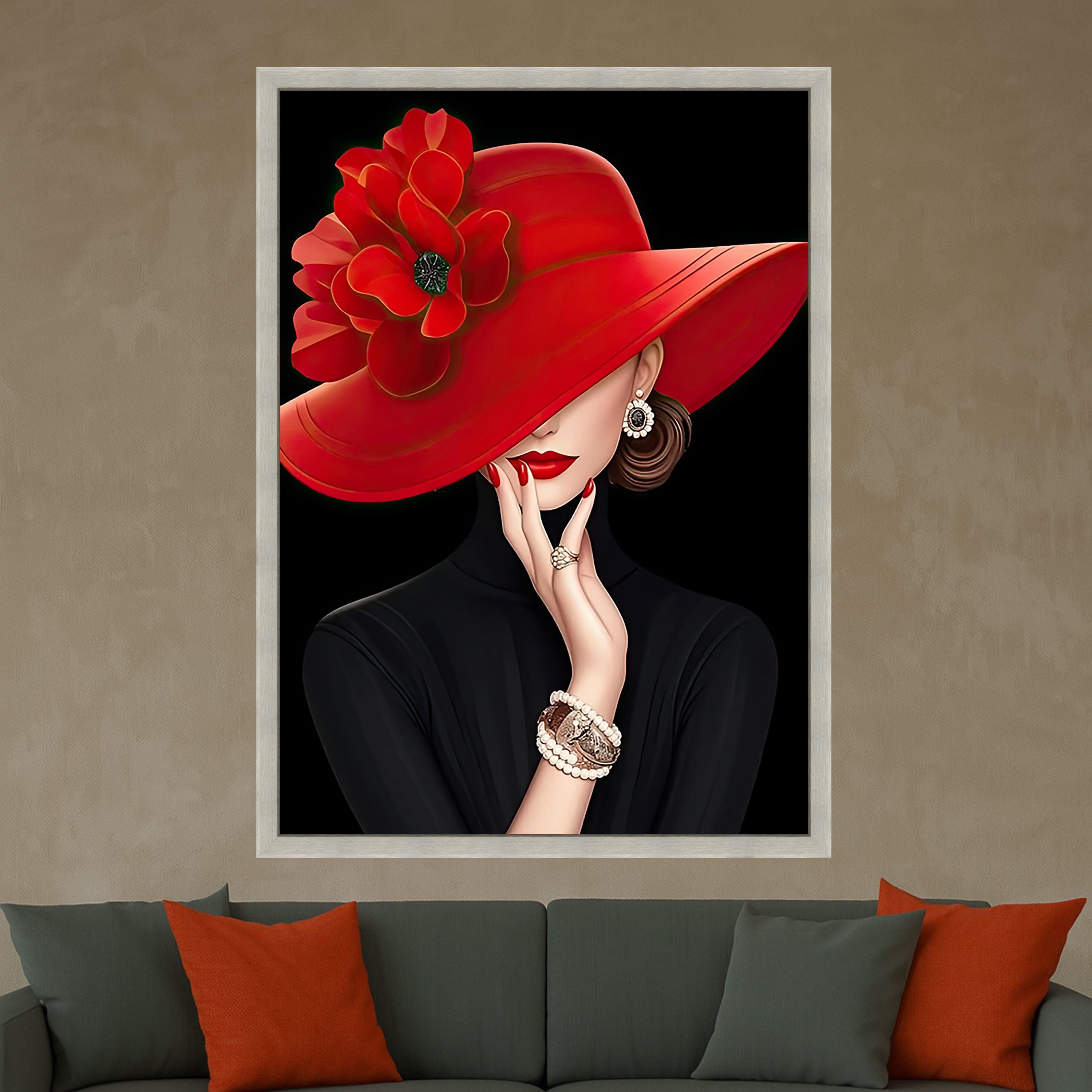 Elegant Woman with Red Hat Canvas Art, Fashion Wall Art, Portrait Print, Stylish Home Decor