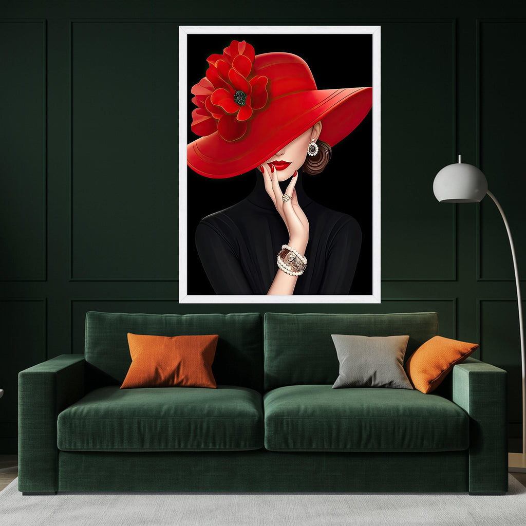 Elegant Woman with Red Hat Canvas Art, Fashion Wall Art, Portrait Print, Stylish Home Decor