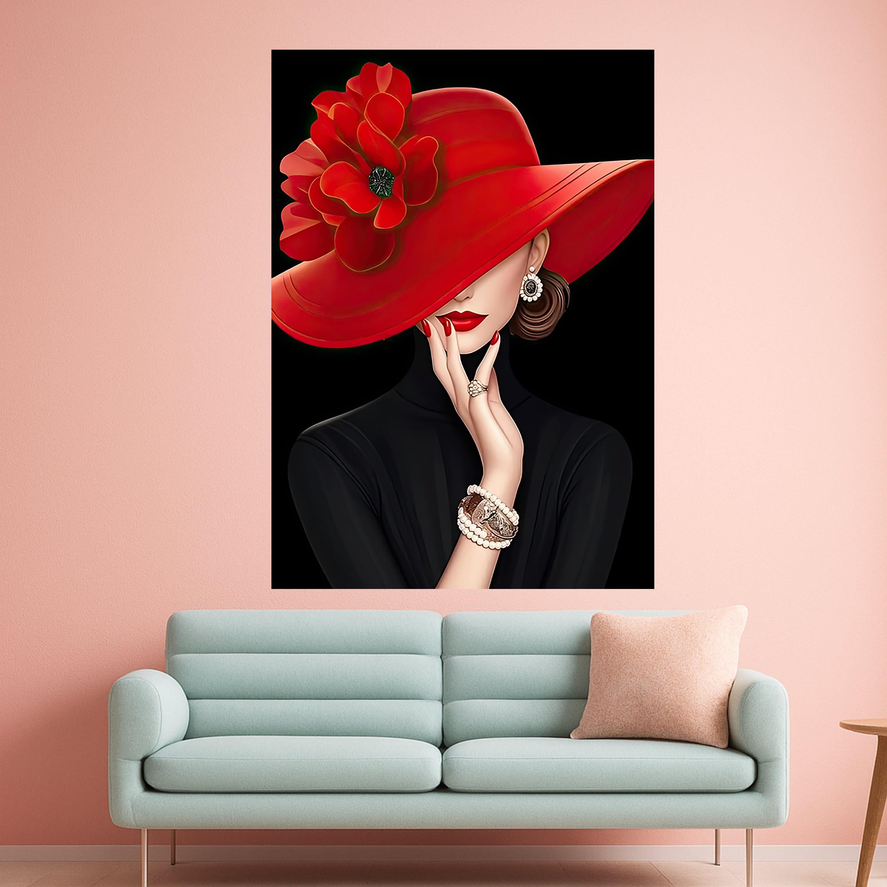 Elegant Woman with Red Hat Canvas Art, Fashion Wall Art, Portrait Print, Stylish Home Decor