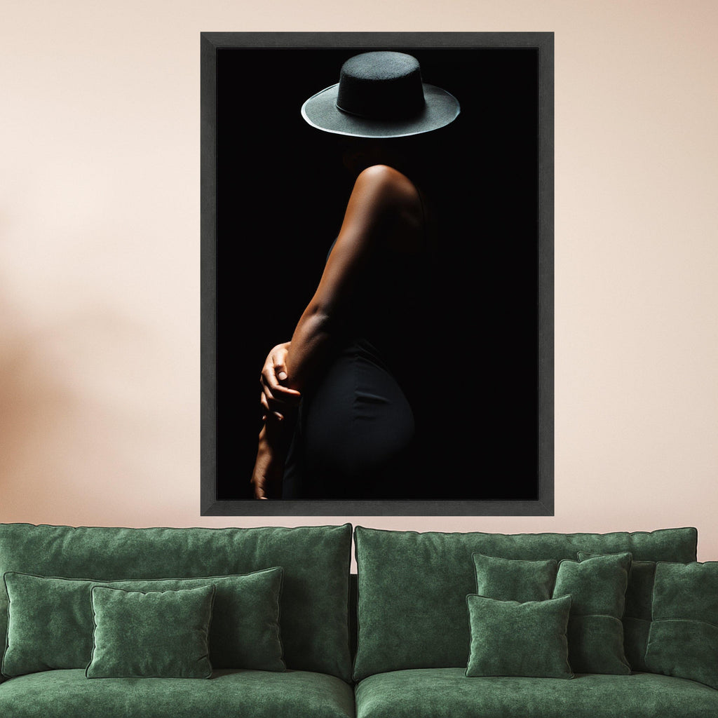 Elegant Woman with Hat Canvas Art, Minimalist Black Fashion Wall Art, Modern Home Decor Print