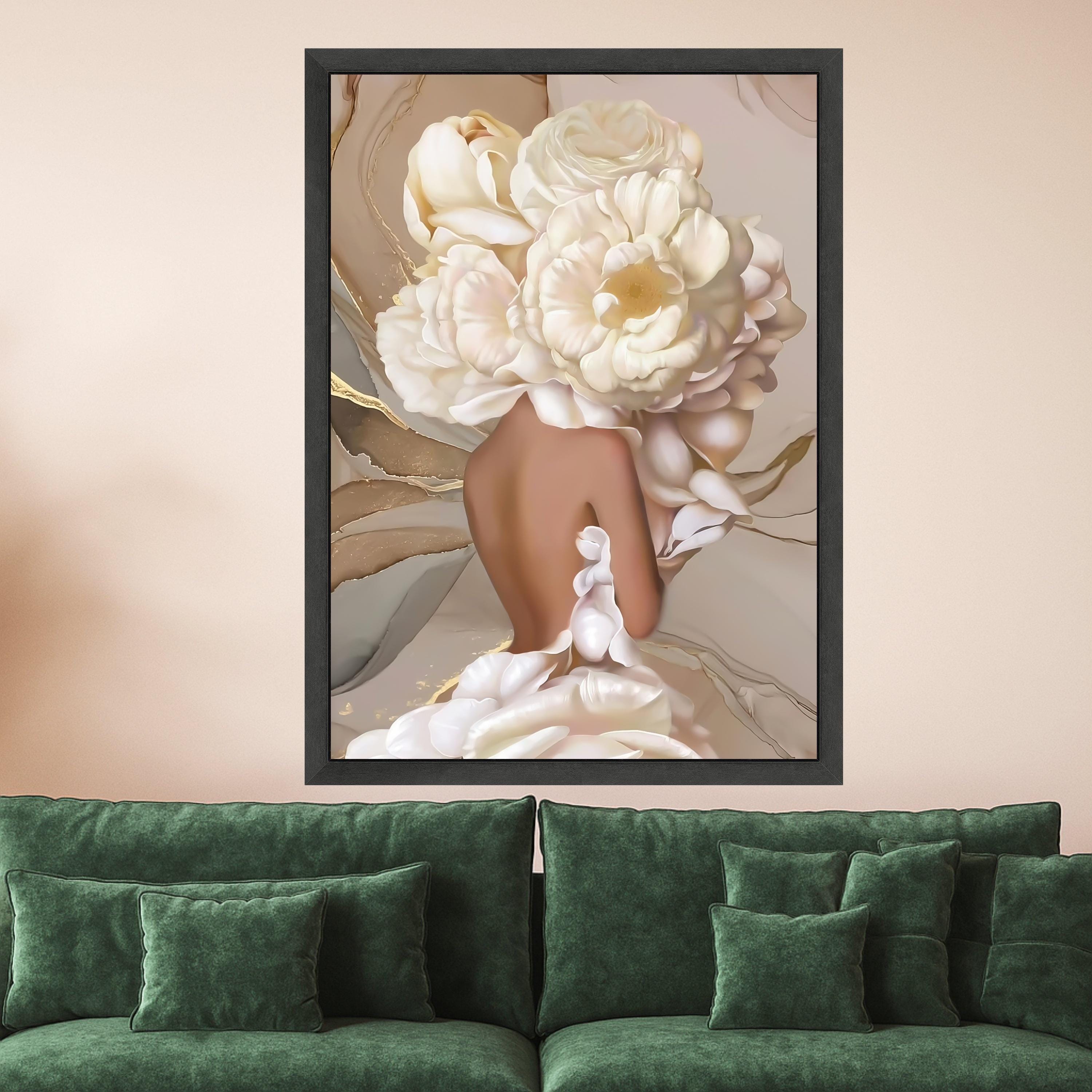 Floral Woman Back Art, White Peony Print, Elegant Canvas Wall Art, Feminine Decor