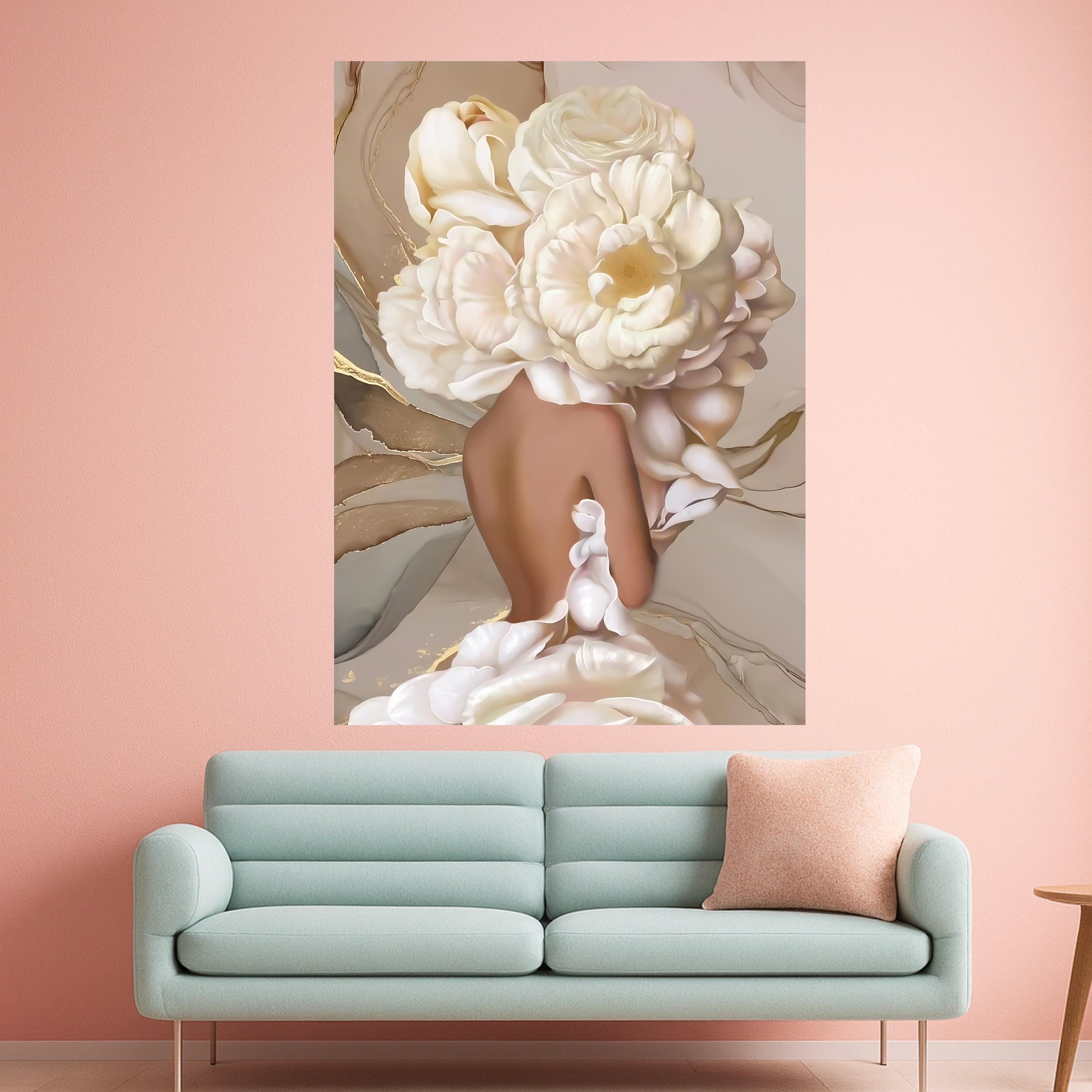 Floral Woman Back Art, White Peony Print, Elegant Canvas Wall Art, Feminine Decor