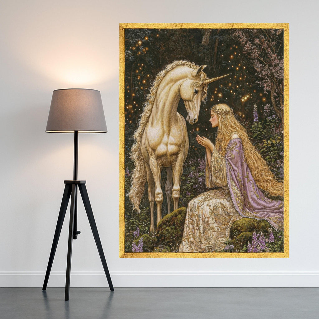 Unicorn and Princess Canvas Art, Fantasy Wall Art Decor, Mythical Creature Print, Magical Forest Canvas