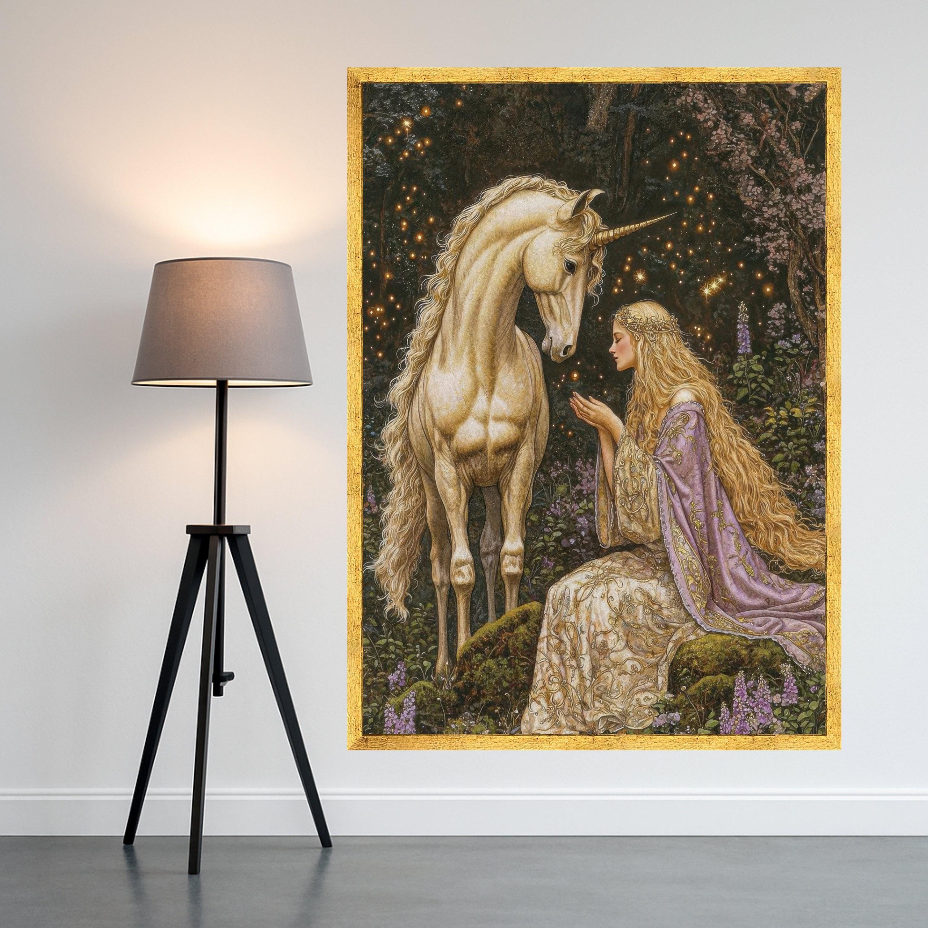 Unicorn and Princess Canvas Art, Fantasy Wall Art Decor, Mythical Creature Print, Magical Forest Canvas