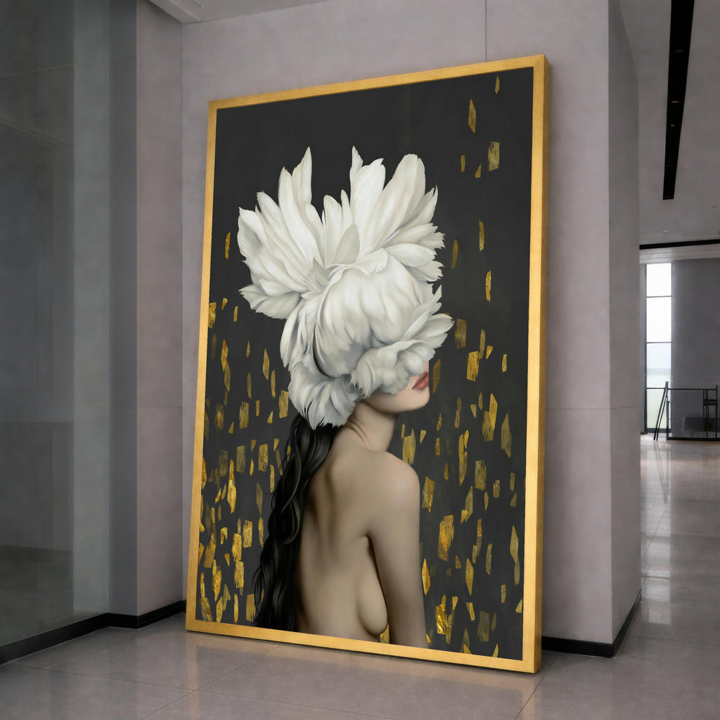 White Peony Hat Woman Canvas Art, Floral Print, Modern Wall Art, Decorative Canvas Decor