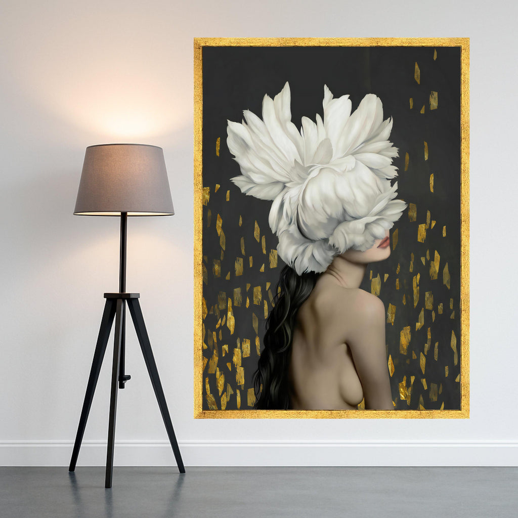 White Peony Hat Woman Canvas Art, Floral Print, Modern Wall Art, Decorative Canvas Decor