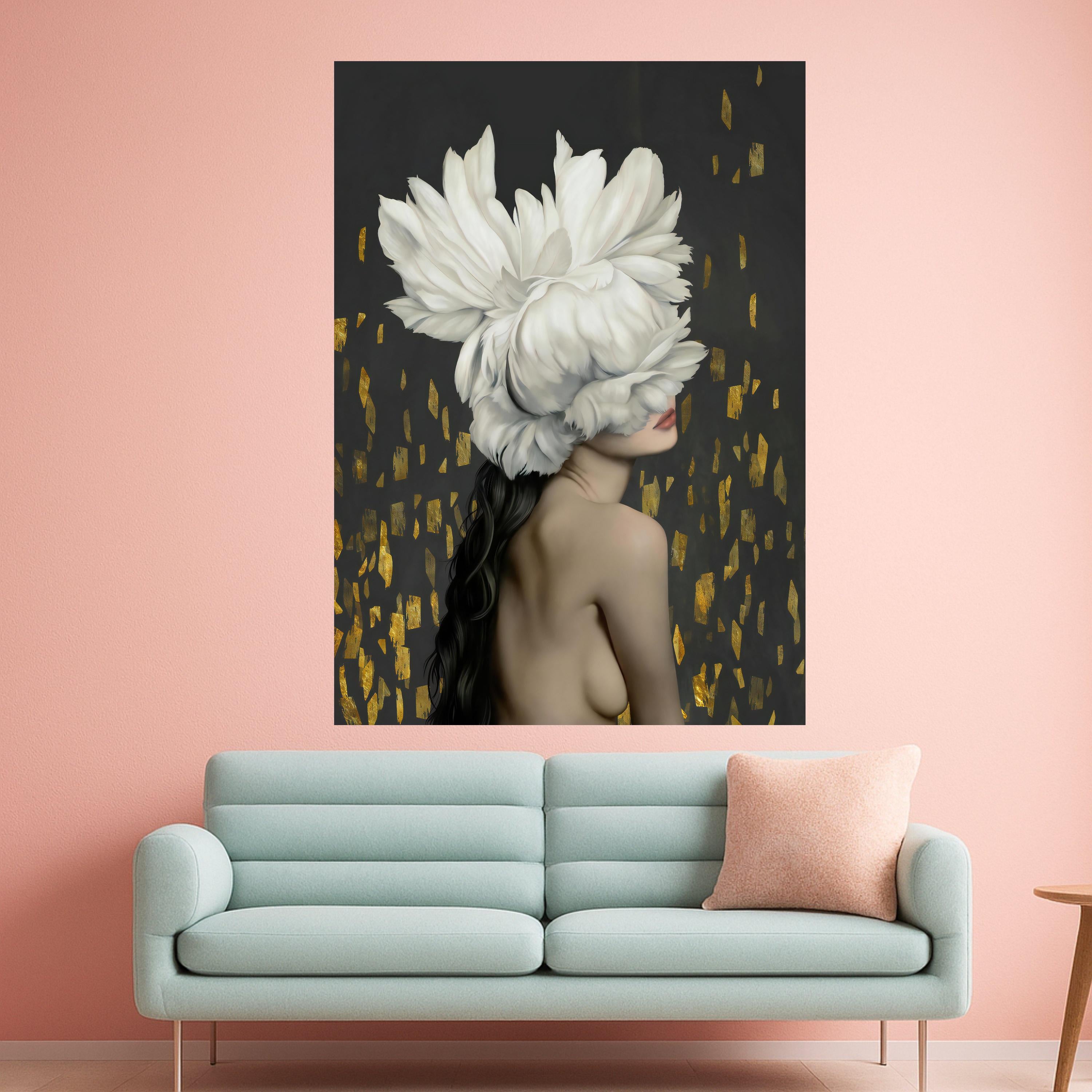 White Peony Hat Woman Canvas Art, Floral Print, Modern Wall Art, Decorative Canvas Decor