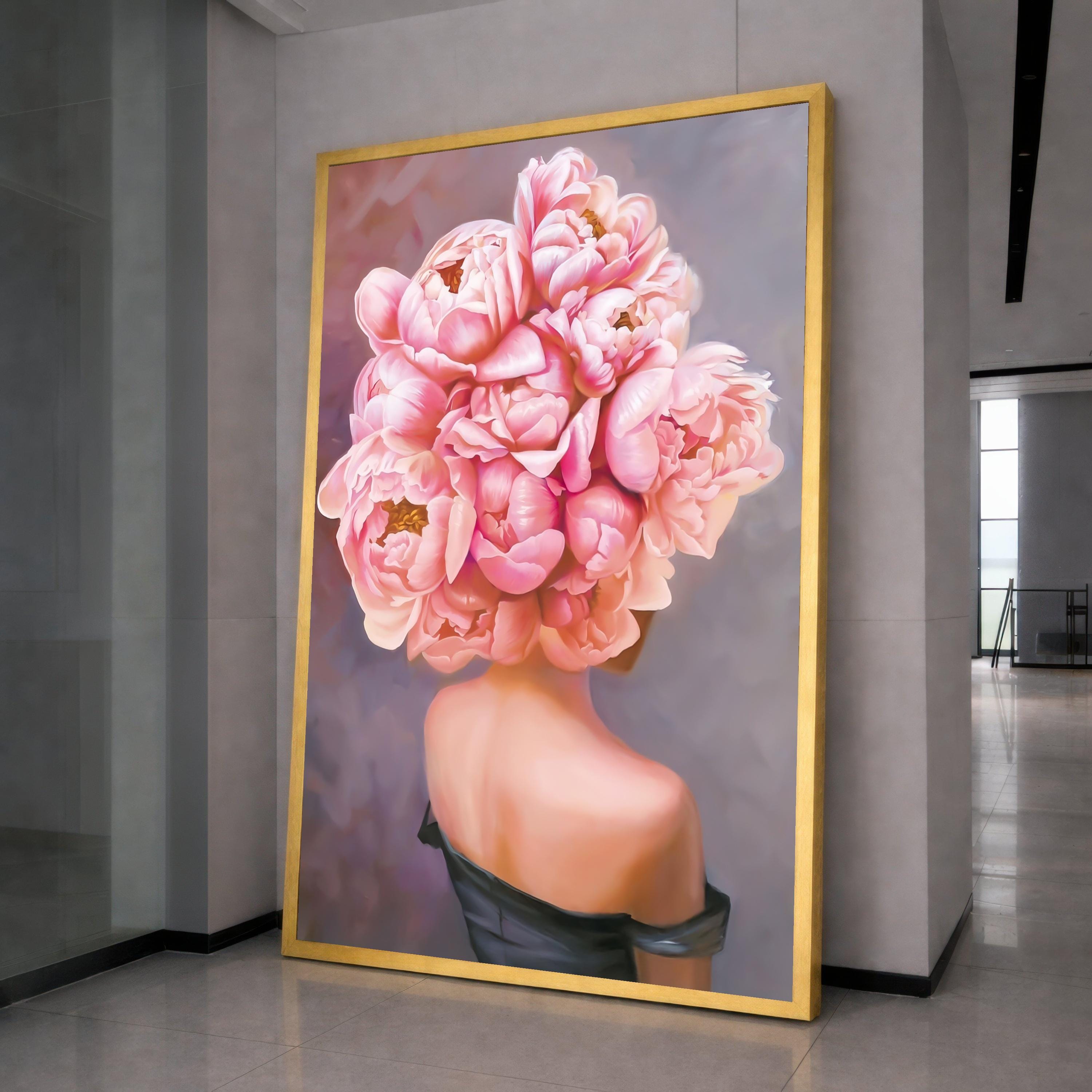 Pink Peonies Bouquet Canvas Art, Floral Wall Decor, Woman with Flowers Print