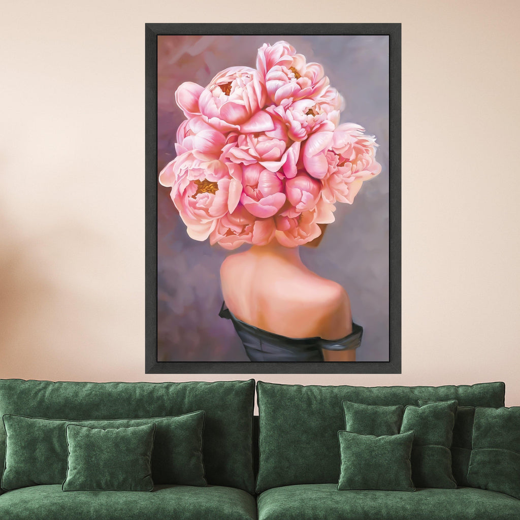 Pink Peonies Bouquet Canvas Art, Floral Wall Decor, Woman with Flowers Print