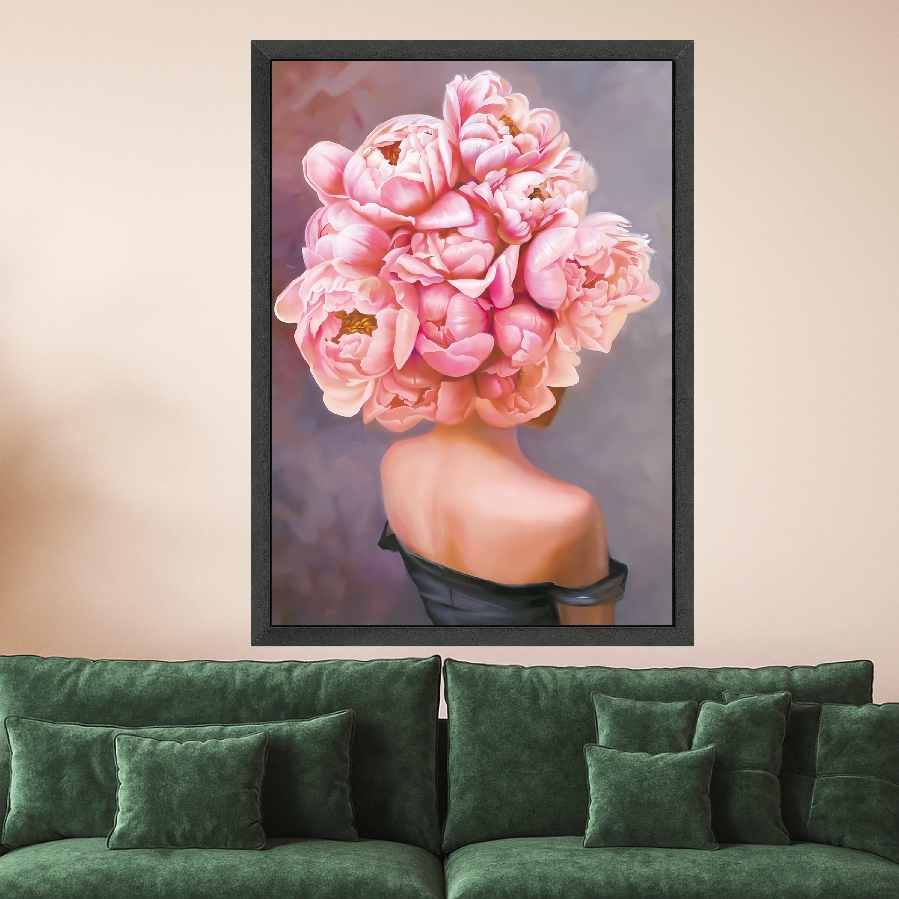 Pink Peonies Bouquet Canvas Art, Floral Wall Decor, Woman with Flowers Print