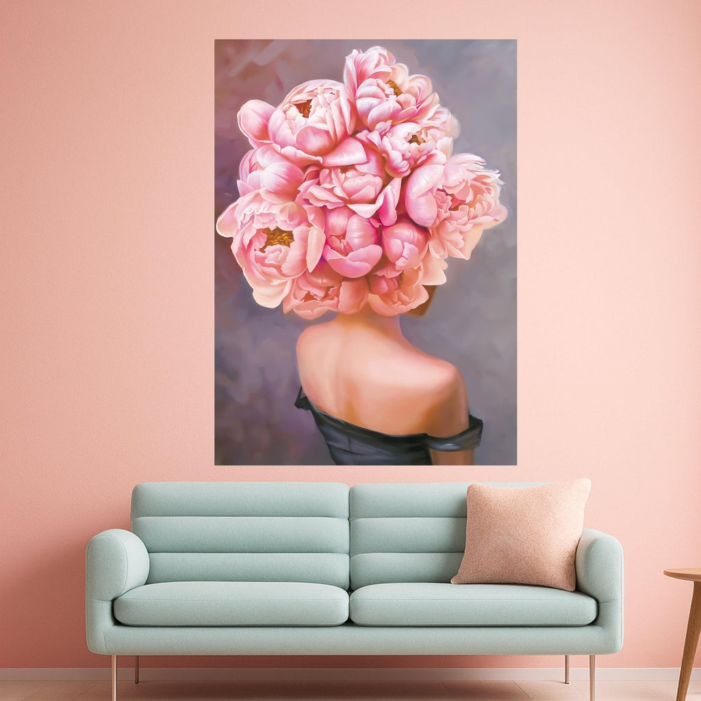 Pink Peonies Bouquet Canvas Art, Floral Wall Decor, Woman with Flowers Print