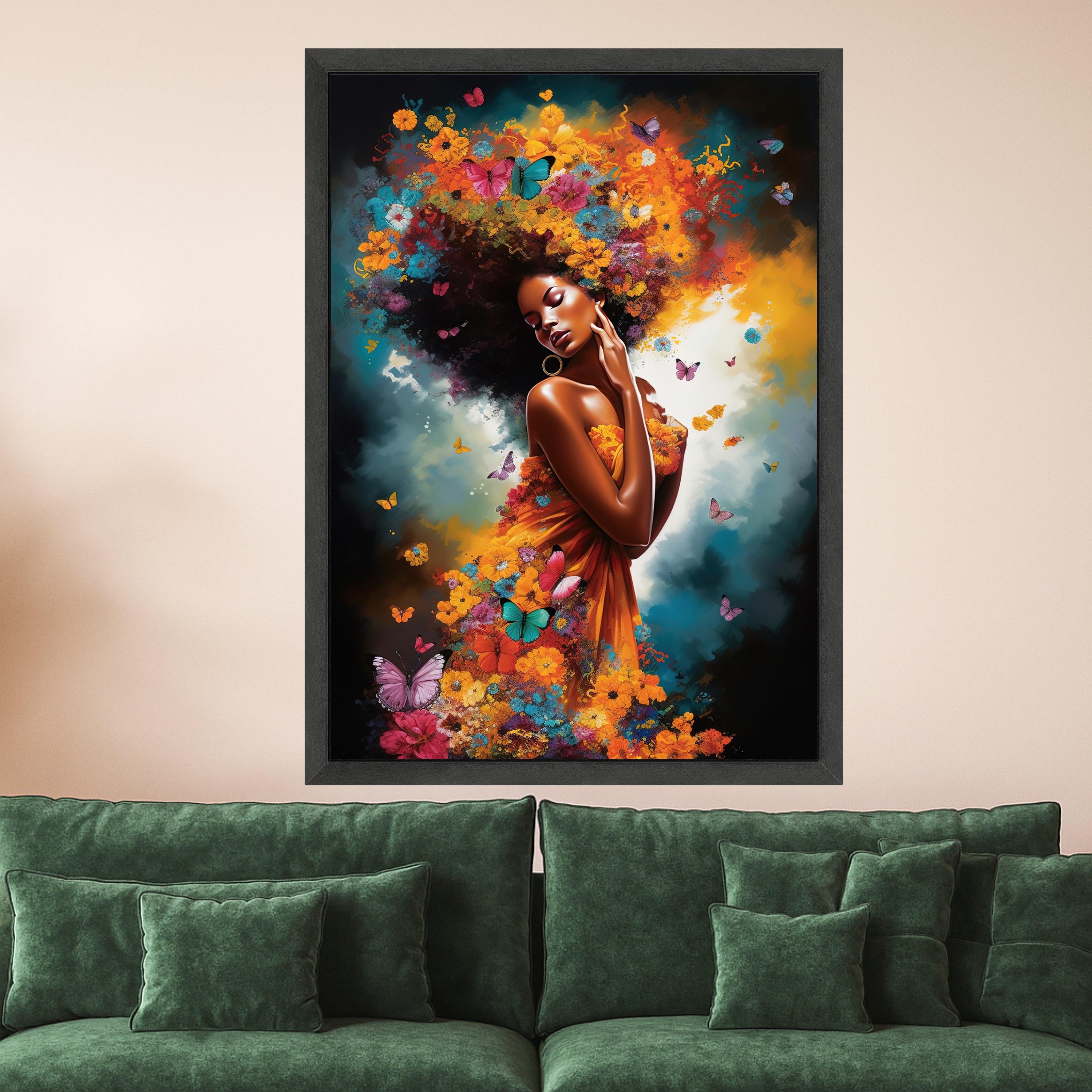 Floral Afro Woman Canvas Art, Butterfly Wall Decor, Vibrant Nature Print, Female Portrait Wall Art