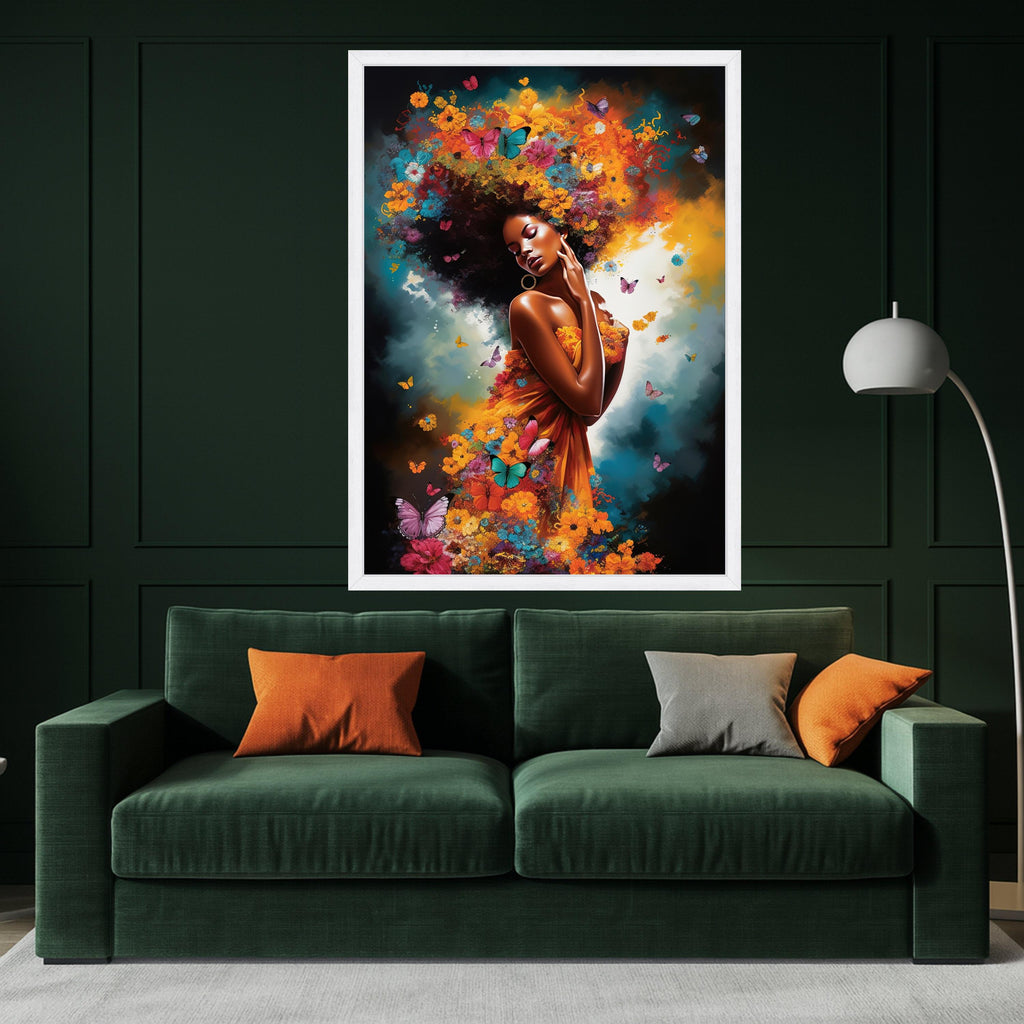 Floral Afro Woman Canvas Art, Butterfly Wall Decor, Vibrant Nature Print, Female Portrait Wall Art