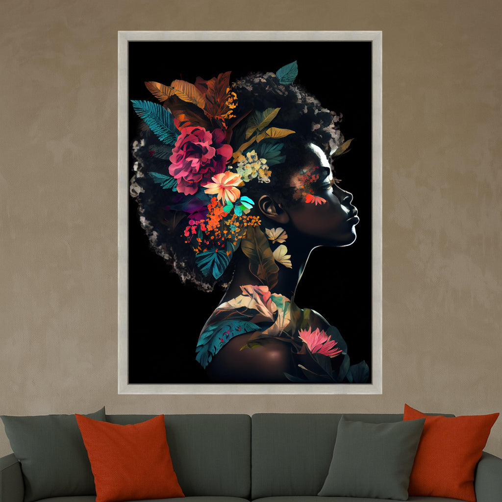 Floral Afro Woman Portrait Canvas Art, Botanical Wall Decor, Dark Skin Artistic Print