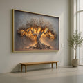Illuminated Olive Tree Canvas Wall Art, Tree Sculpture, Rustic Nature Decor, Warm Light Accent, Home Decoration Canvas