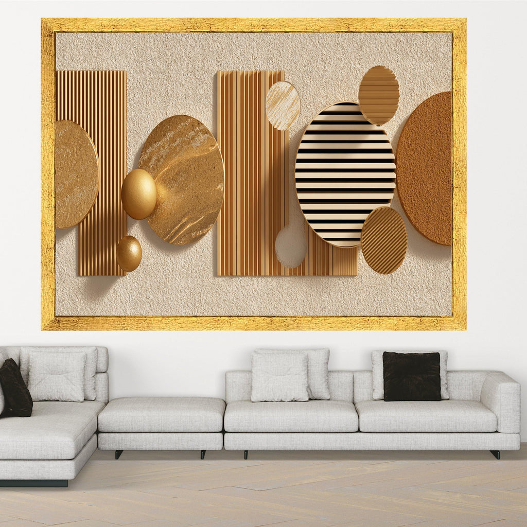 Modern Geometric Abstract Canvas Wall Art, Gold and Beige Decor, Contemporary Shapes Canvas, Illusion Home Decoration