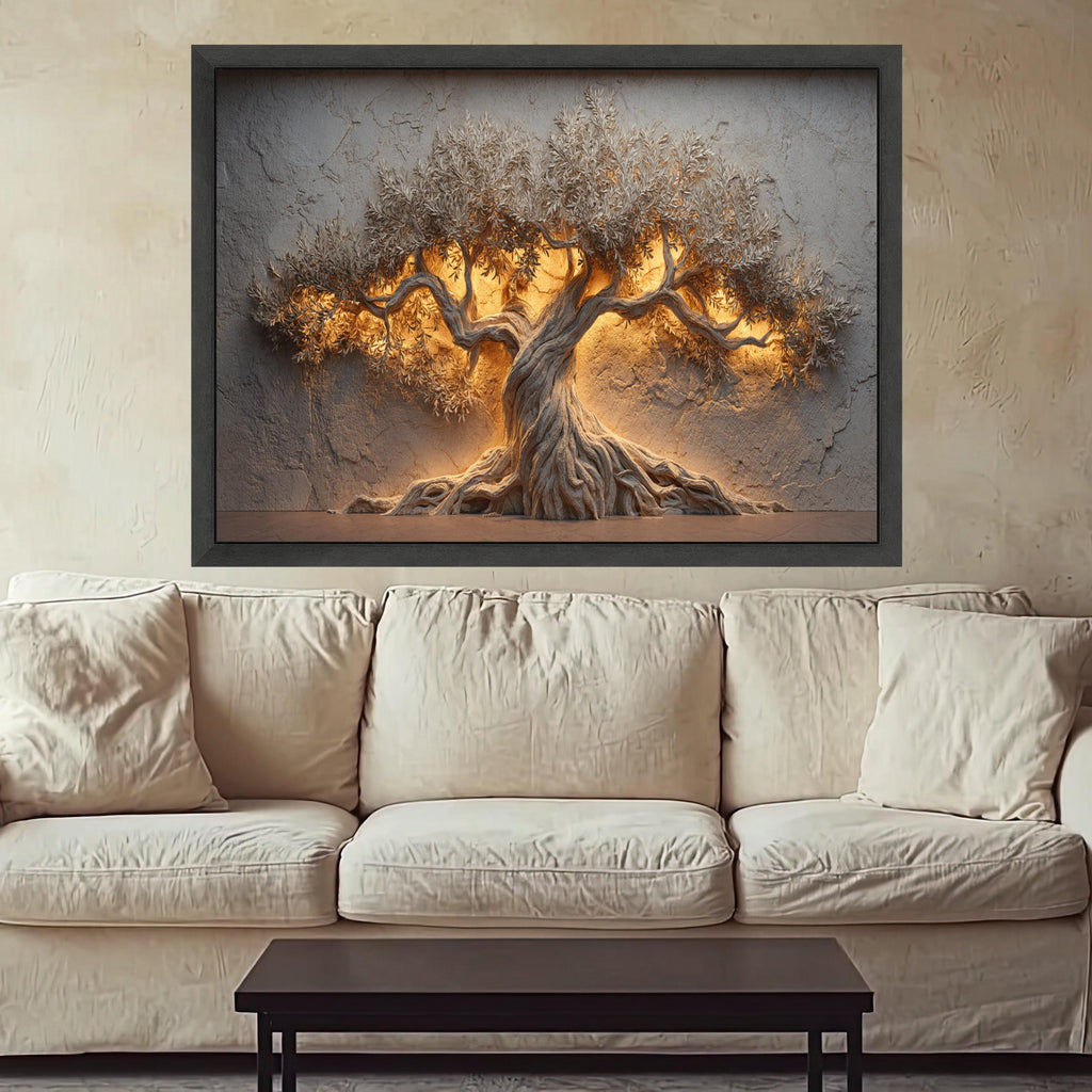 Illuminated Olive Tree Canvas Wall Art, Tree Sculpture, Rustic Nature Decor, Warm Light Accent, Home Decoration Canvas