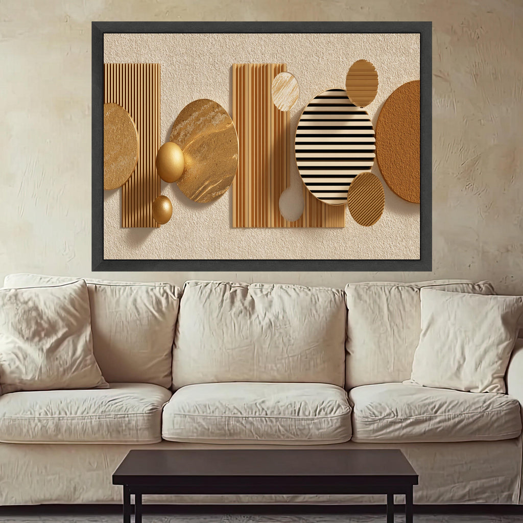 Modern Geometric Abstract Canvas Wall Art, Gold and Beige Decor, Contemporary Shapes Canvas, Illusion Home Decoration