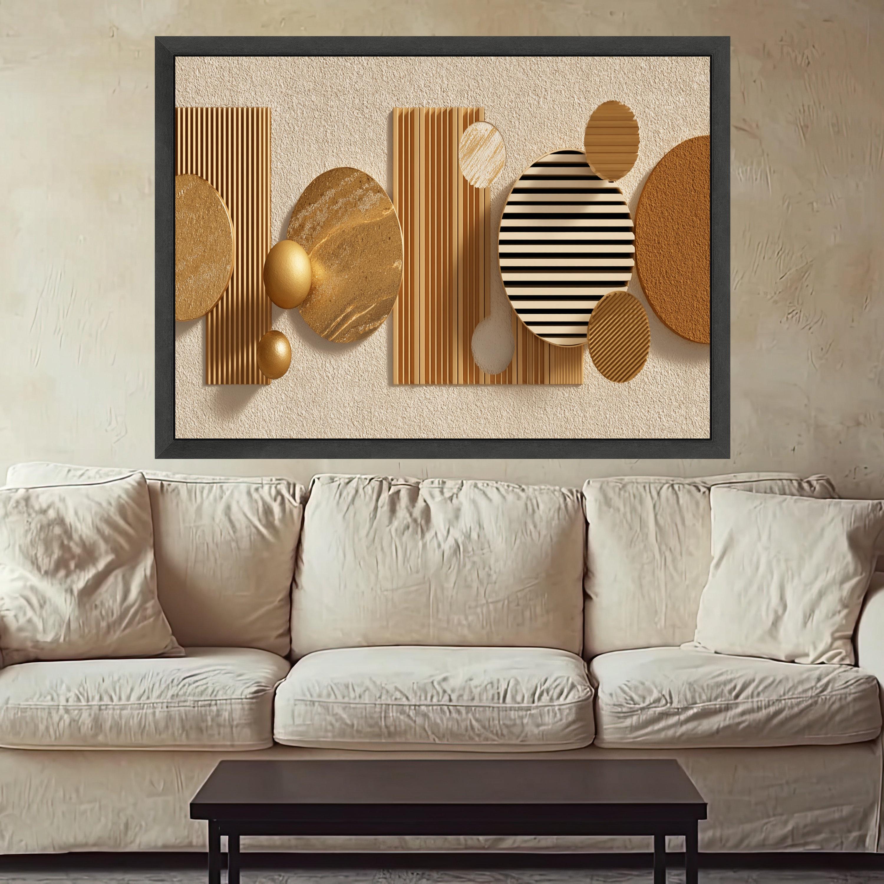 Modern Geometric Abstract Canvas Wall Art, Gold and Beige Decor, Contemporary Shapes Canvas, Illusion Home Decoration