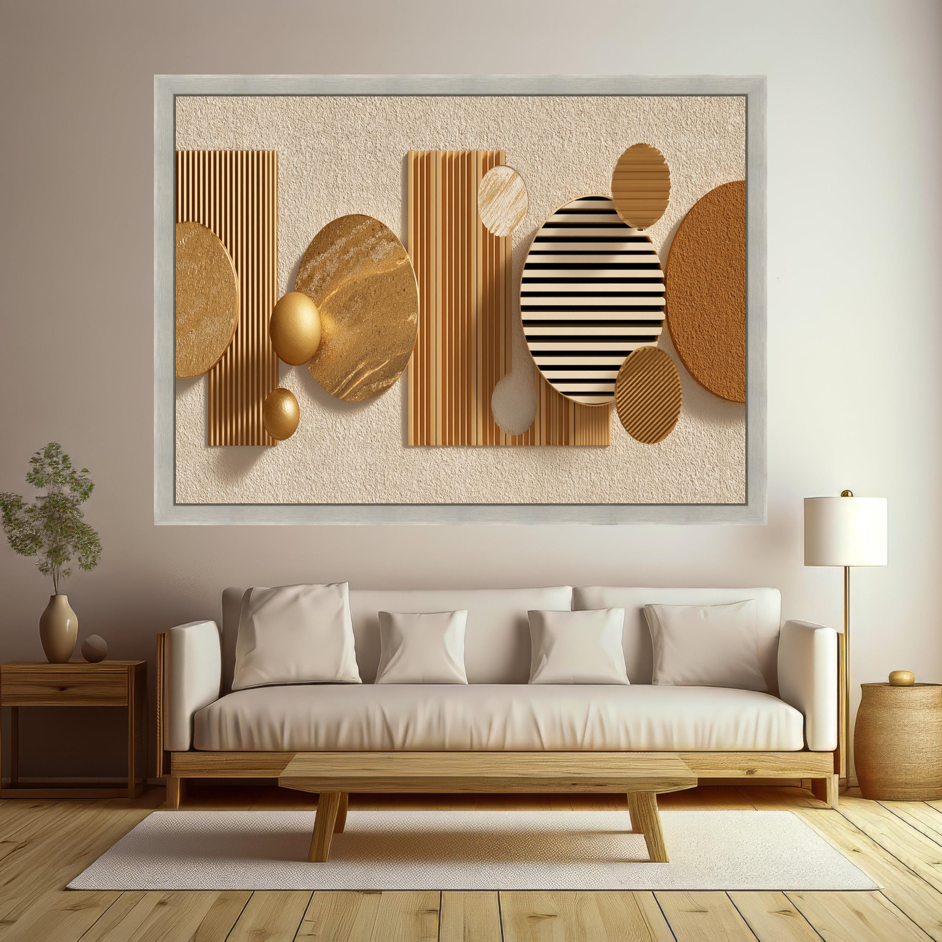 Modern Geometric Abstract Canvas Wall Art, Gold and Beige Decor, Contemporary Shapes Canvas, Illusion Home Decoration
