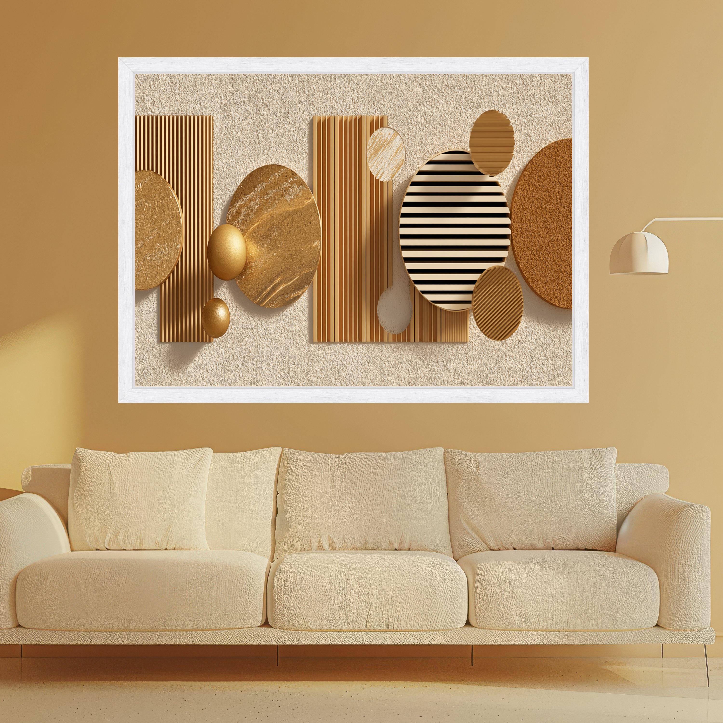Modern Geometric Abstract Canvas Wall Art, Gold and Beige Decor, Contemporary Shapes Canvas, Illusion Home Decoration