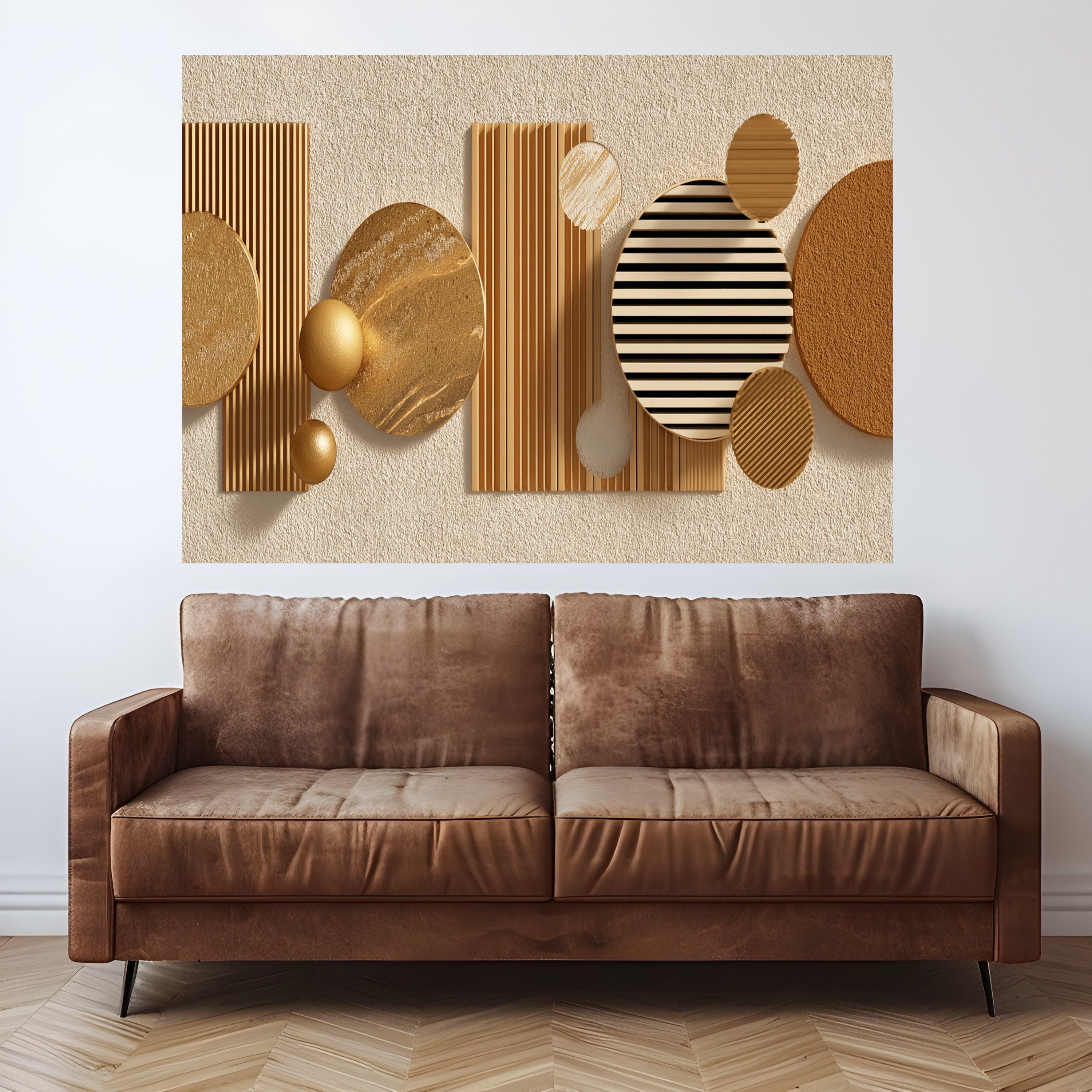 Modern Geometric Abstract Canvas Wall Art, Gold and Beige Decor, Contemporary Shapes Canvas, Illusion Home Decoration