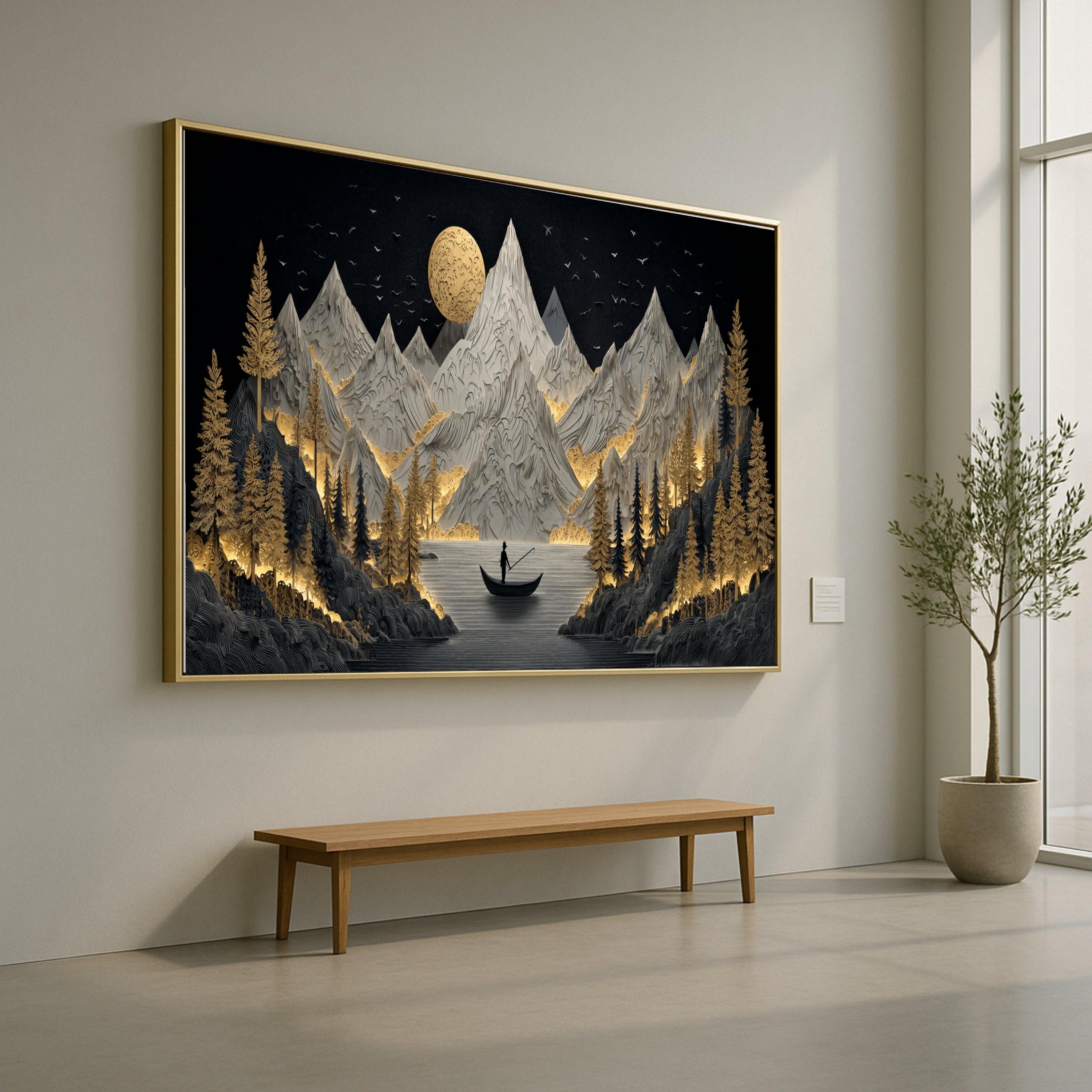 Golden Forest Mountains Canvas Wall Art, Fisherman on Lake, Illuminated Nature Landscape, Modern Design, Home Decor Canvas