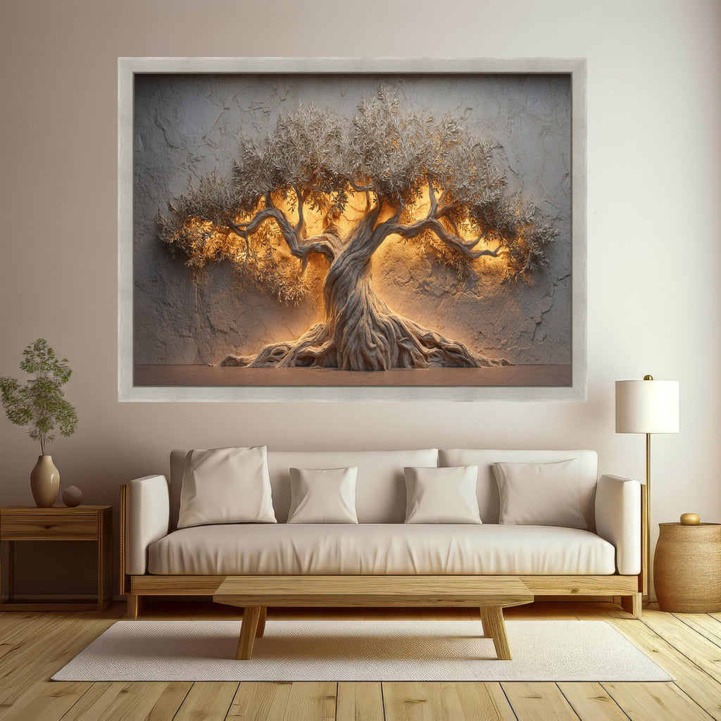 Illuminated Olive Tree Canvas Wall Art, Tree Relief, Warm Glow Home Decor, Rustic Botanical Canvas, Nature Inspired Wall Sculpture