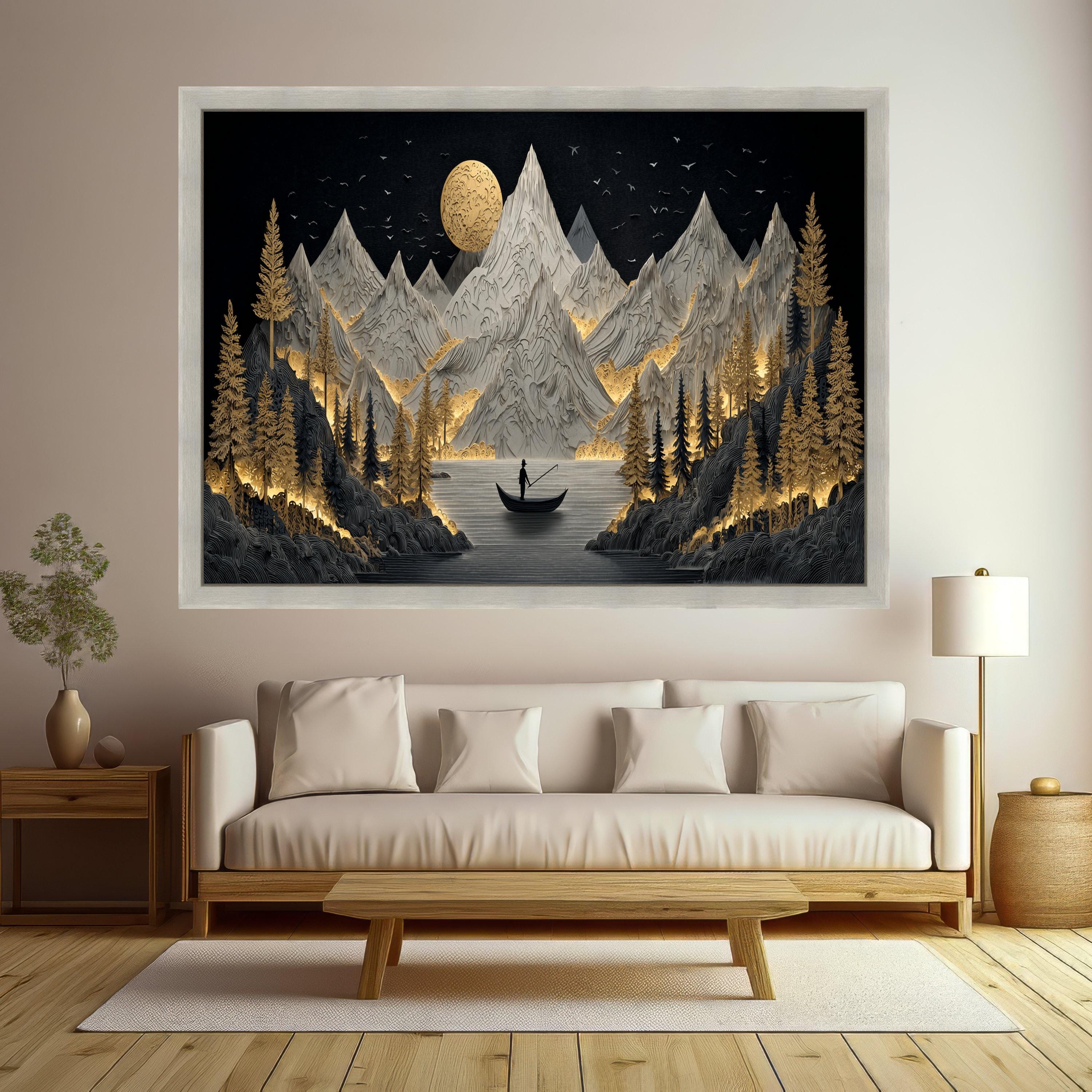 Golden Forest Mountains Canvas Wall Art, Fisherman on Lake, Illuminated Nature Landscape, Modern Design, Home Decor Canvas