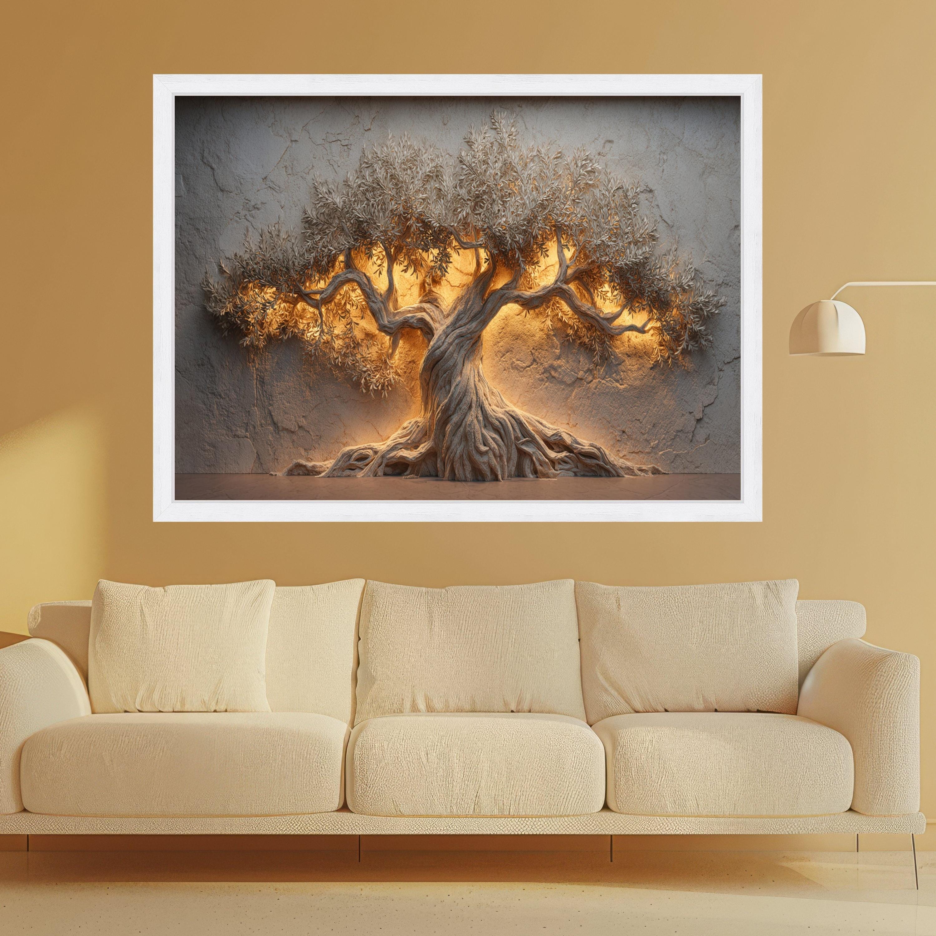 Illuminated Olive Tree Canvas Wall Art, Tree Relief, Warm Glow Home Decor, Rustic Botanical Canvas, Nature Inspired Wall Sculpture