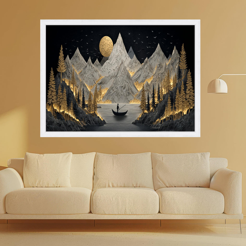 Golden Forest Mountains Canvas Wall Art, Fisherman on Lake, Illuminated Nature Landscape, Modern Design, Home Decor Canvas