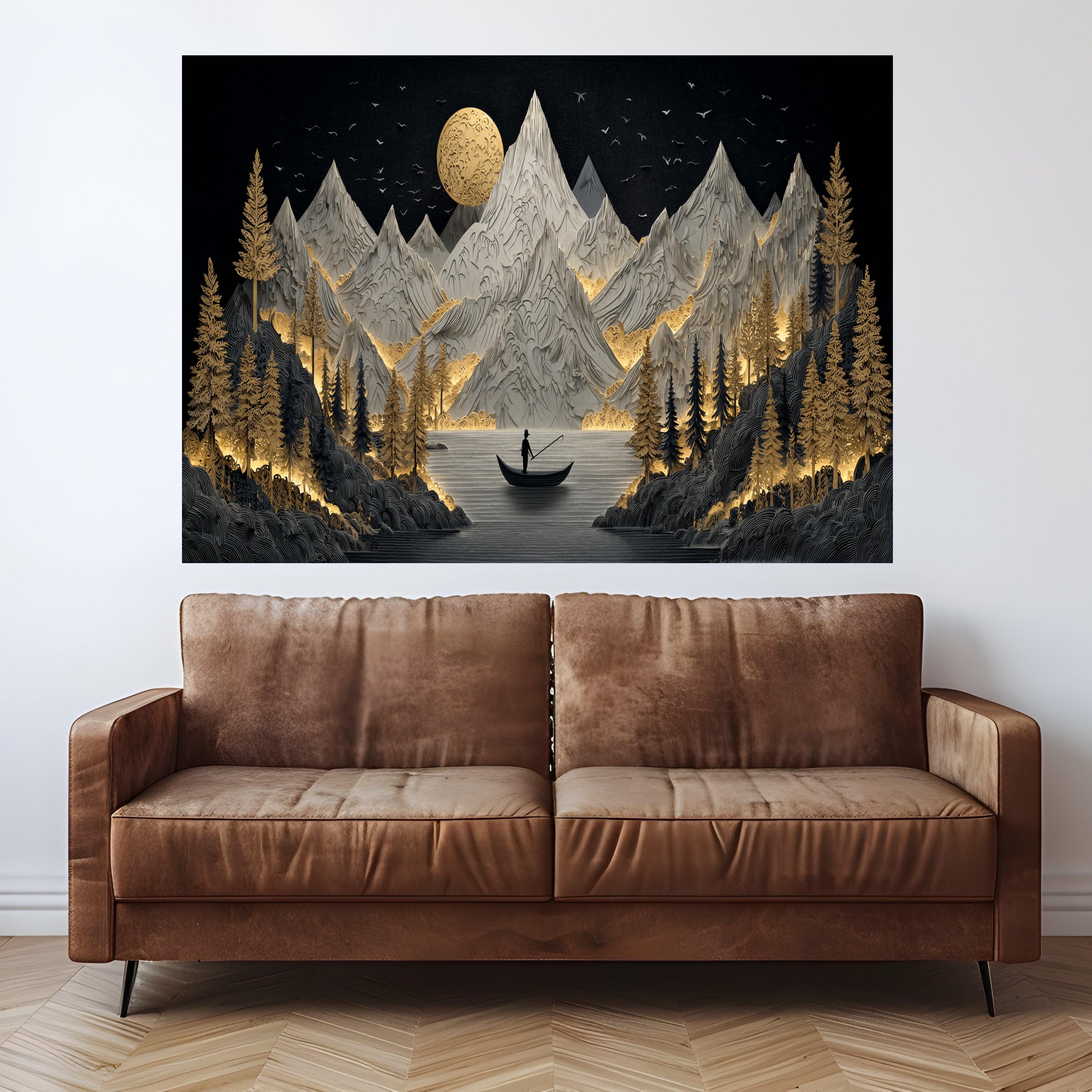 Golden Forest Mountains Canvas Wall Art, Fisherman on Lake, Illuminated Nature Landscape, Modern Design, Home Decor Canvas