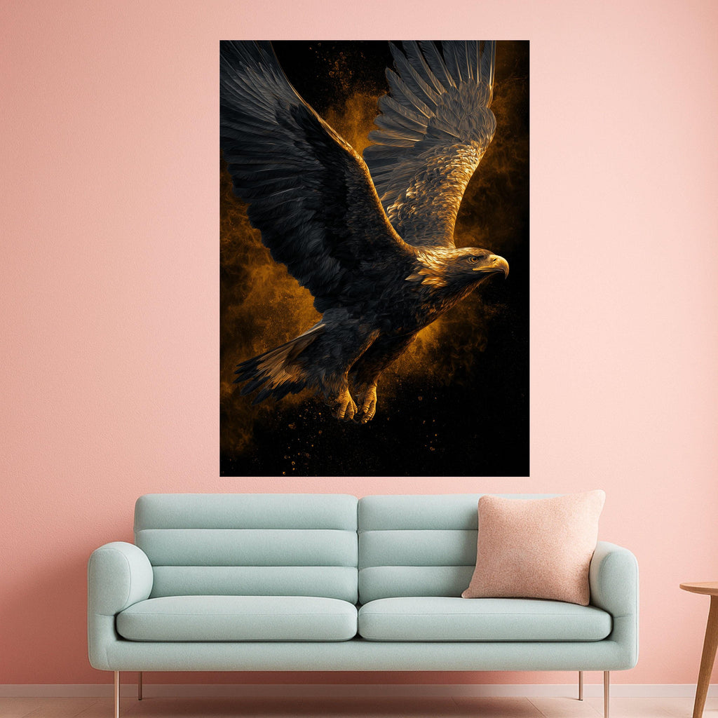 Majestic Flying Eagle Canvas, Golden Bird Wall Art, Wildlife Nature Decor, Powerful Animal Canvas, Modern Home Decoration