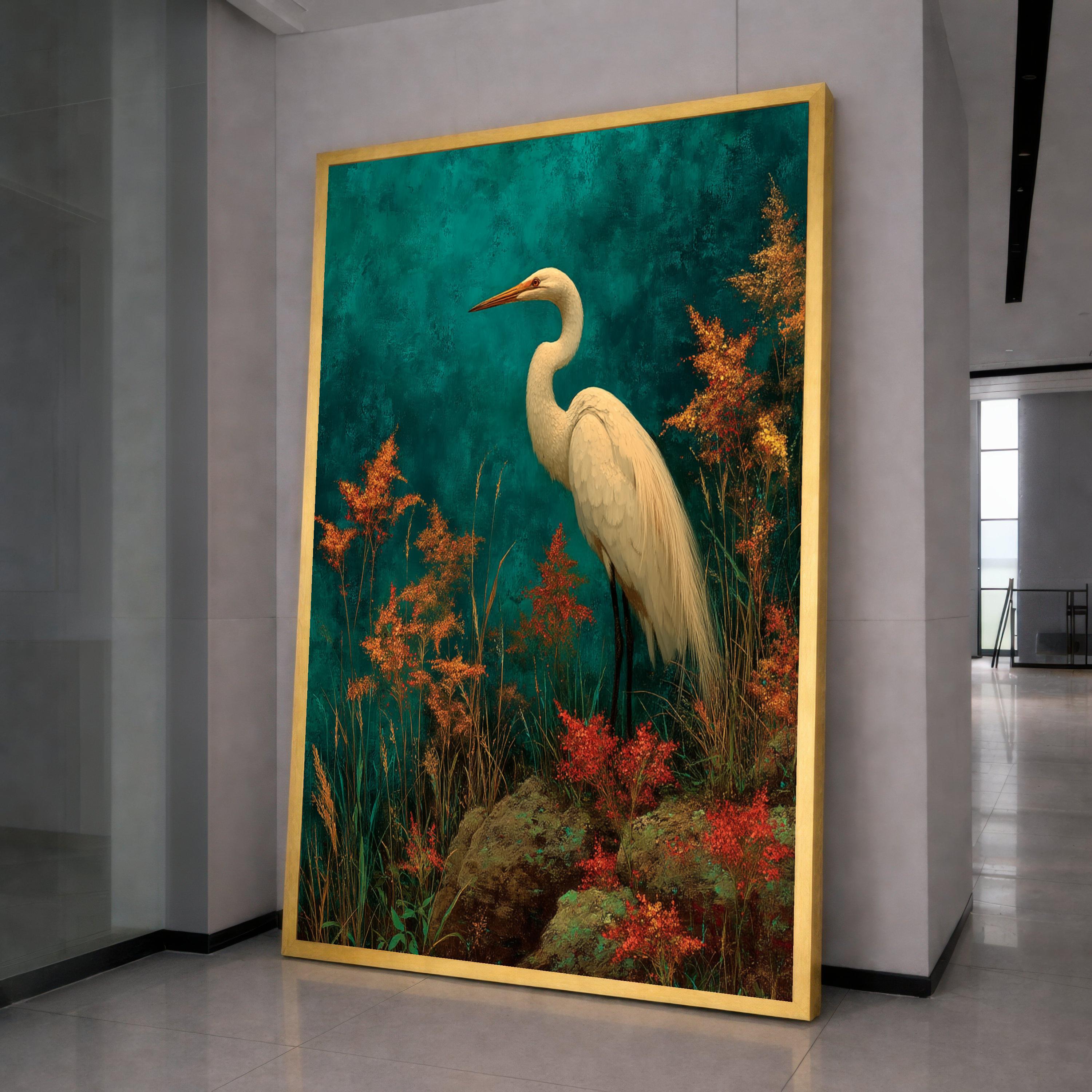 Elegant White Heron Canvas Wall Art, Nature Bird Painting, Tropical Wildlife Decor, Botanical Wall Canvas, Ready to Hang Home Decoration