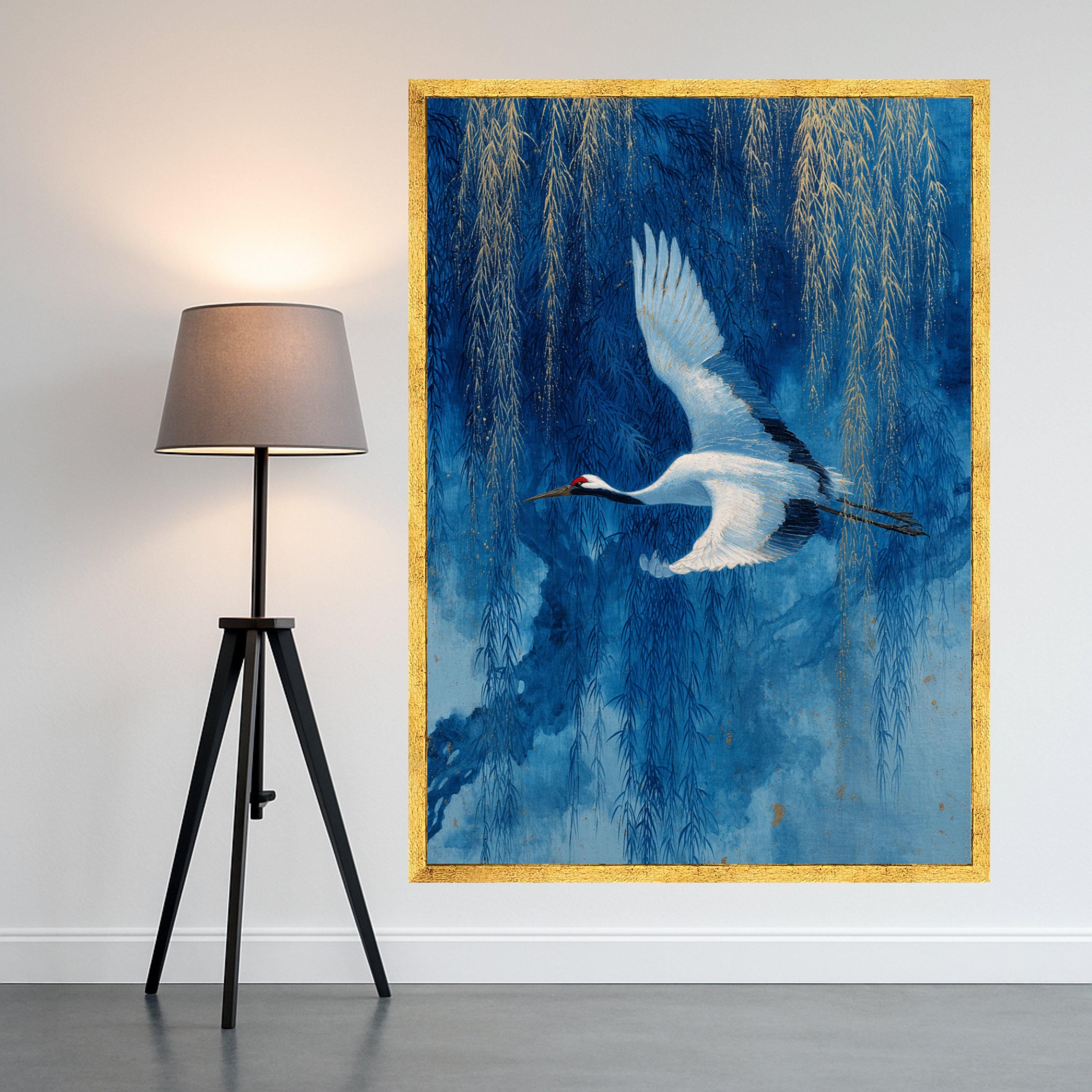 Elegant White Crane Flying Canvas Wall Art, Blue Willow Tree Painting, Asian Nature Scene, Bird and Branches Decor, Tranquil Wildlife Canvas