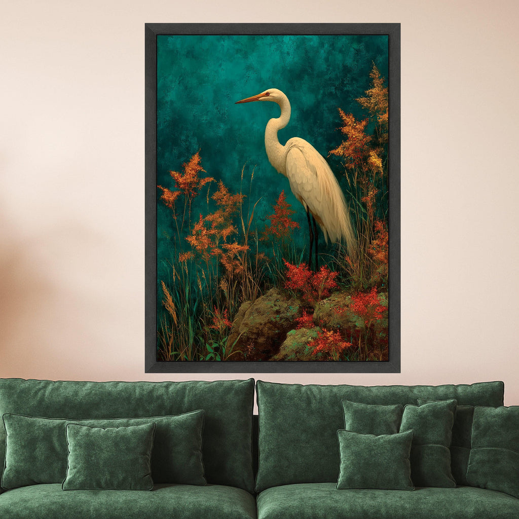 Elegant White Heron Canvas Wall Art, Nature Bird Painting, Tropical Wildlife Decor, Botanical Wall Canvas, Ready to Hang Home Decoration
