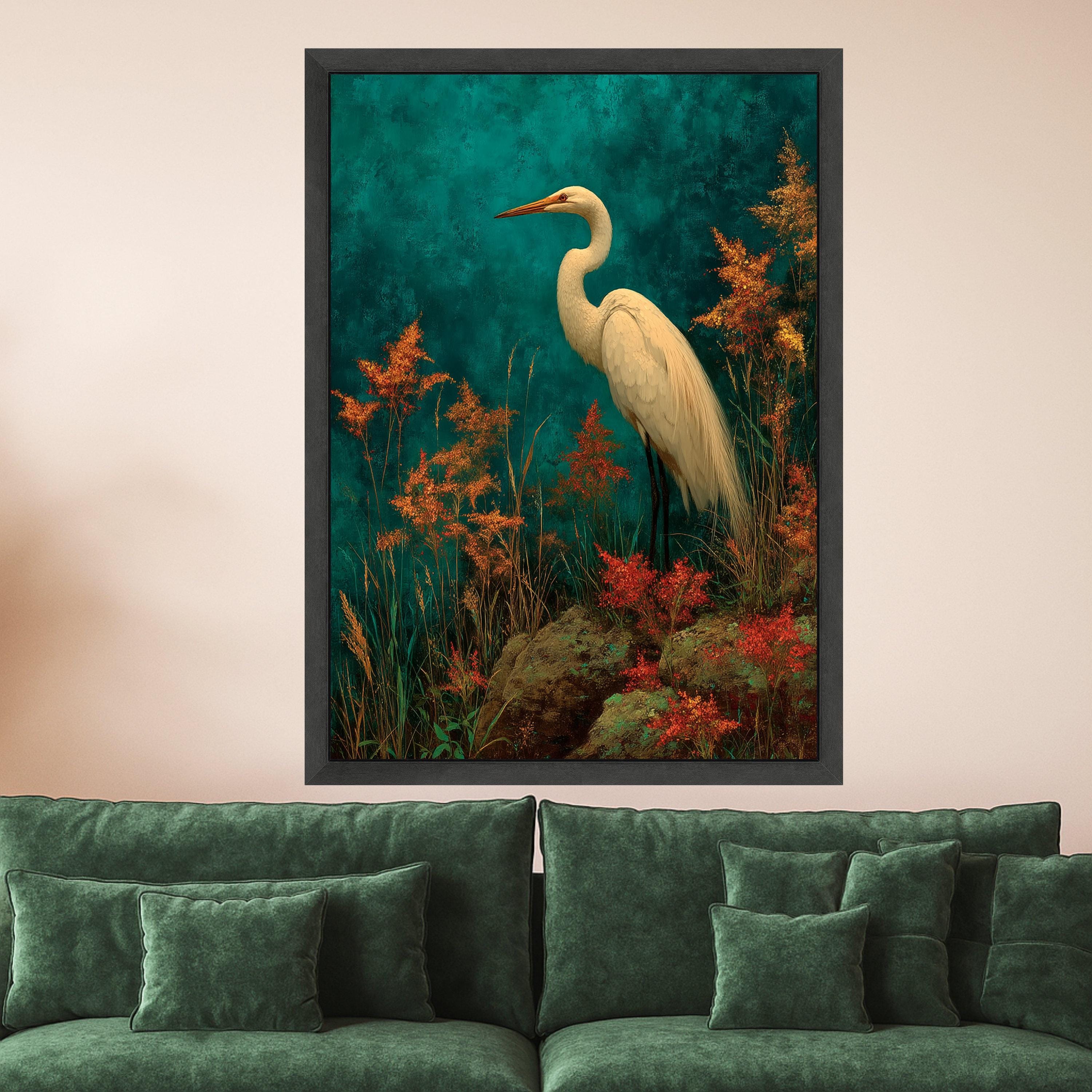 Elegant White Heron Canvas Wall Art, Nature Bird Painting, Tropical Wildlife Decor, Botanical Wall Canvas, Ready to Hang Home Decoration