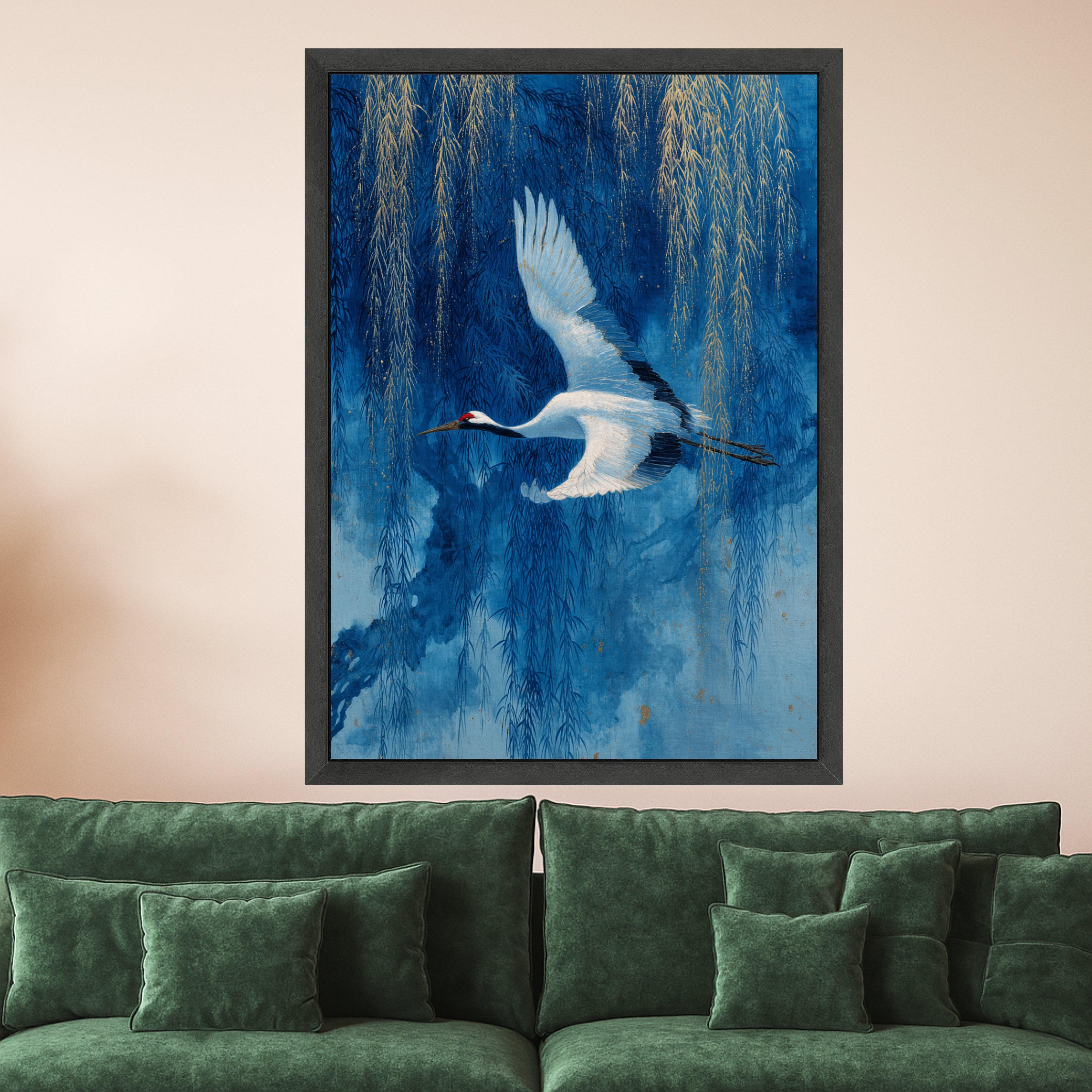 Elegant White Crane Flying Canvas Wall Art, Blue Willow Tree Painting, Asian Nature Scene, Bird and Branches Decor, Tranquil Wildlife Canvas
