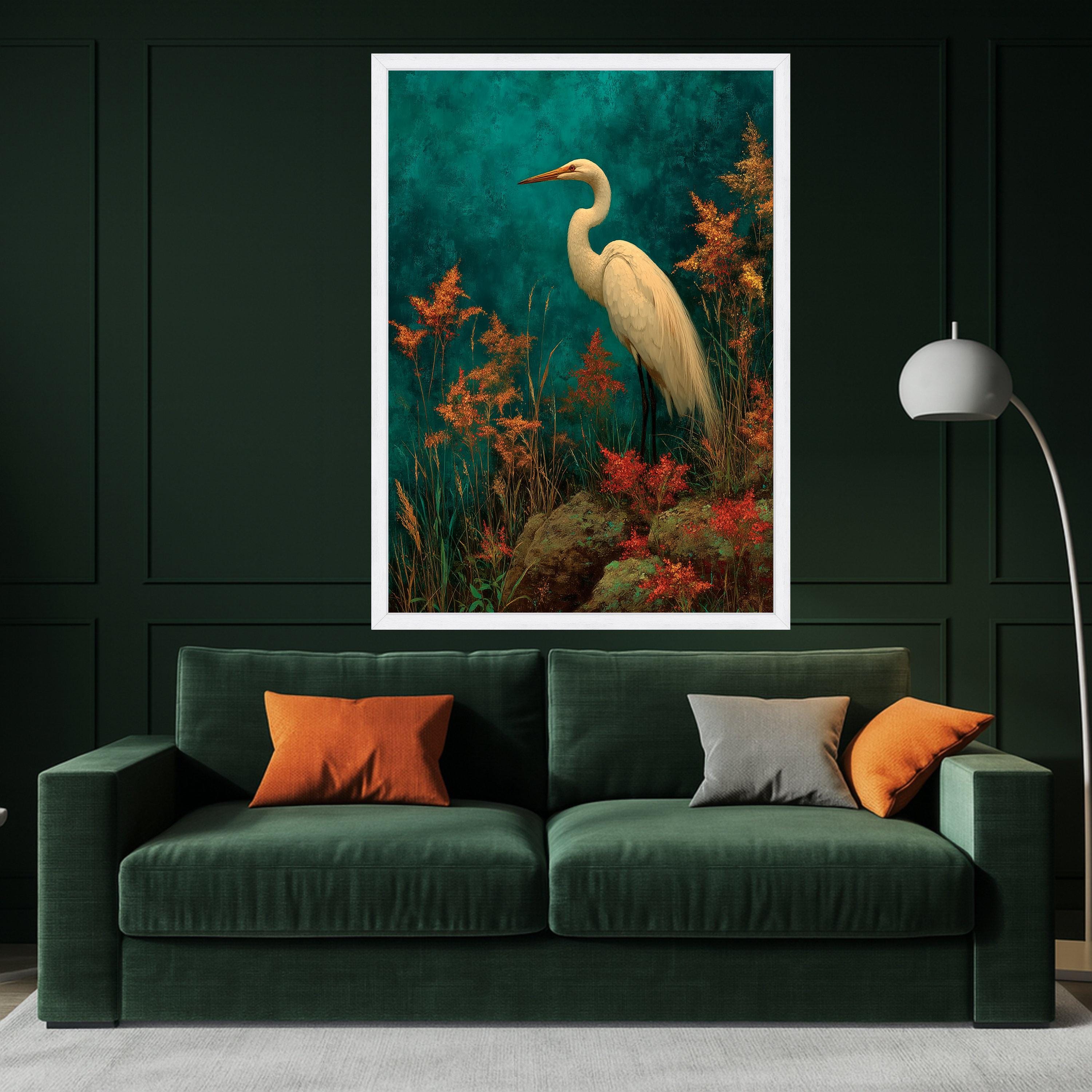 Elegant White Heron Canvas Wall Art, Nature Bird Painting, Tropical Wildlife Decor, Botanical Wall Canvas, Ready to Hang Home Decoration