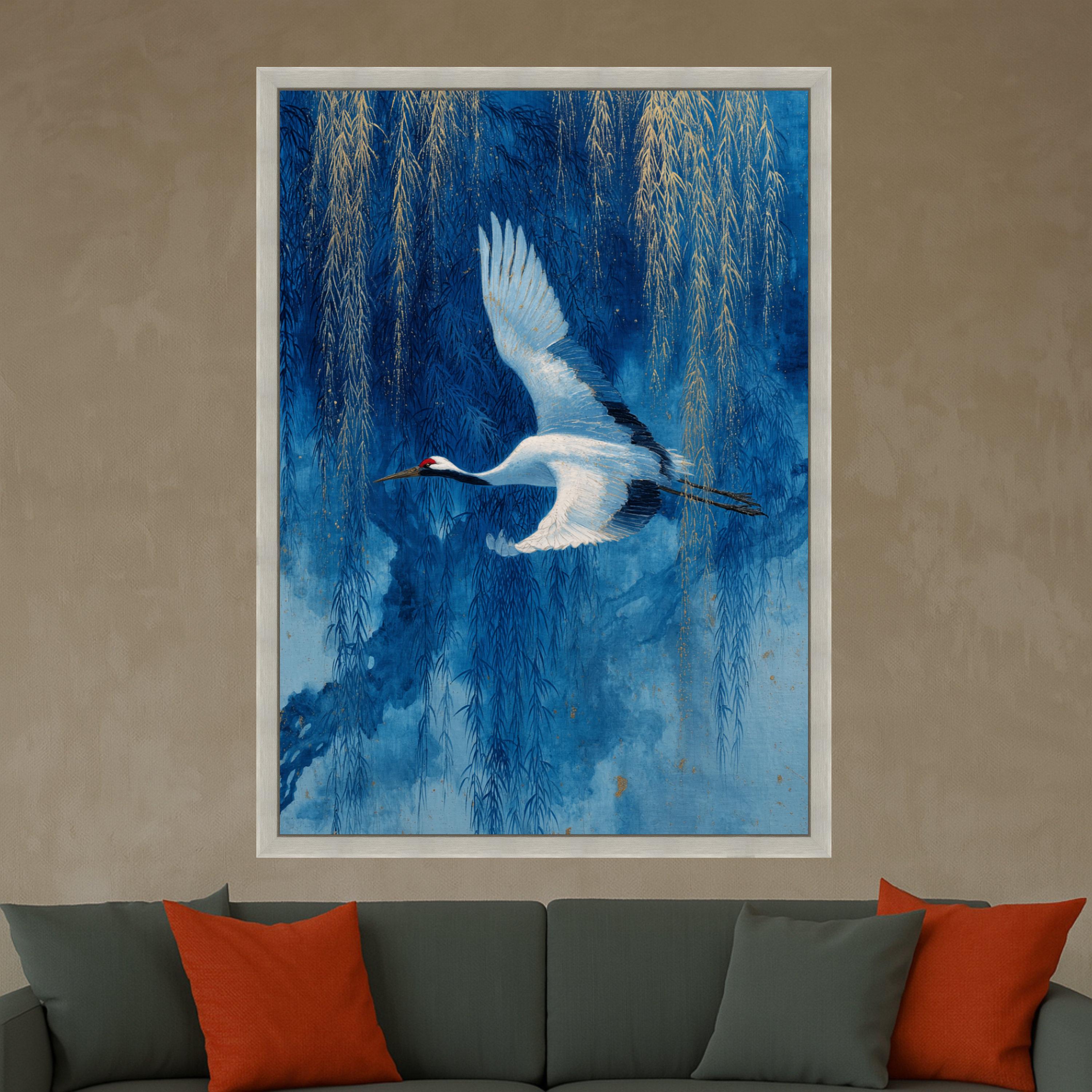 Elegant White Crane Flying Canvas Wall Art, Blue Willow Tree Painting, Asian Nature Scene, Bird and Branches Decor, Tranquil Wildlife Canvas