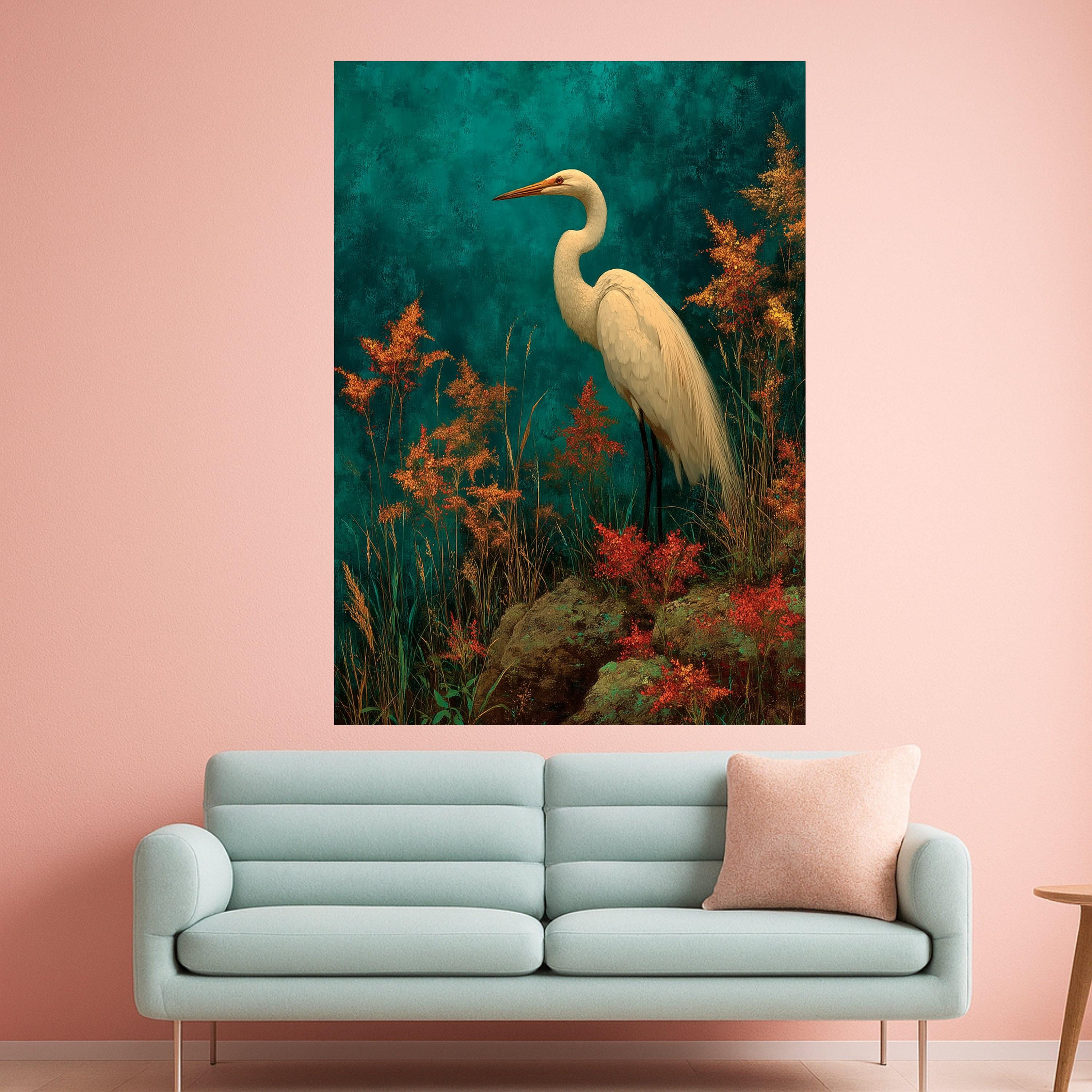 Elegant White Heron Canvas Wall Art, Nature Bird Painting, Tropical Wildlife Decor, Botanical Wall Canvas, Ready to Hang Home Decoration