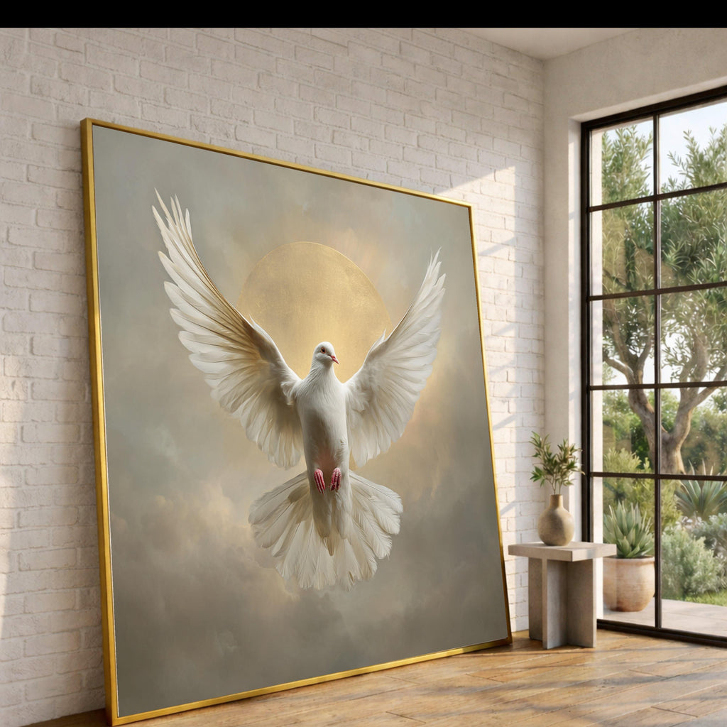Majestic White Dove Canvas, Peace Symbol Wall Art, Spiritual Bird Decor, Golden Halo Background, Inspirational Canvas Art, Ready to Hang