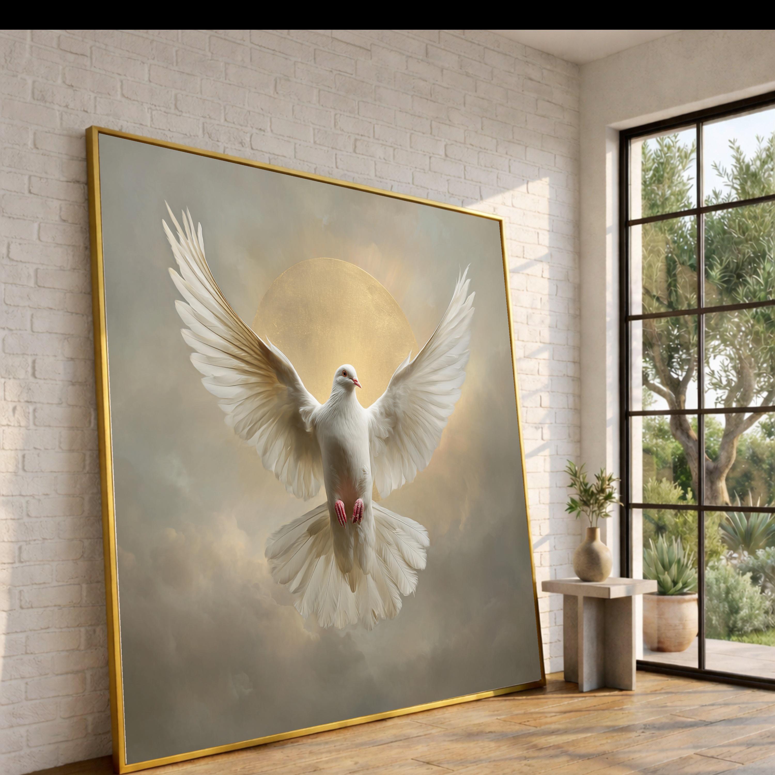 Majestic White Dove Canvas, Peace Symbol Wall Art, Spiritual Bird Decor, Golden Halo Background, Inspirational Canvas Art, Ready to Hang