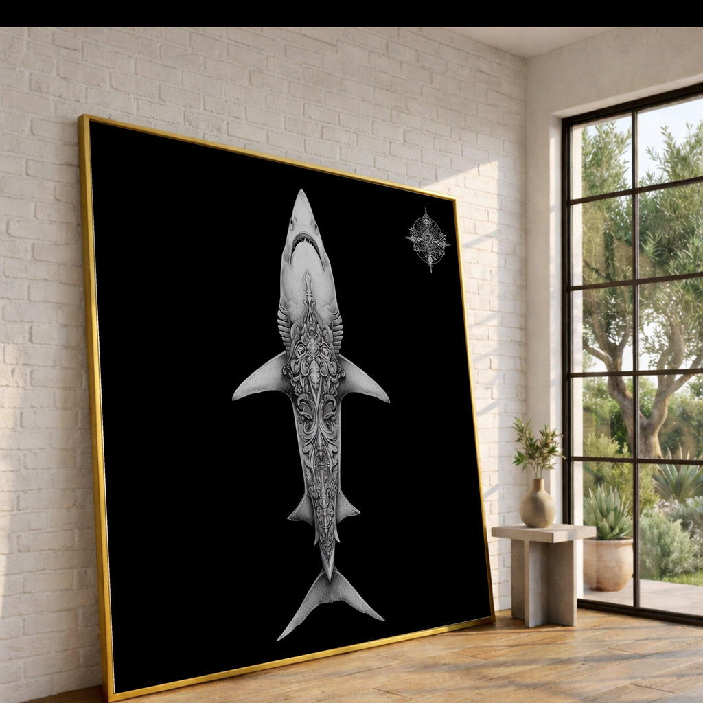 Intricate Shark Design Canvas, Ocean Art Print, Tattoo Style Wall Art, Marine Life Decor, Detailed Black Background Canvas, Modern Home