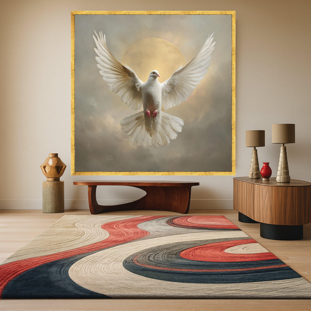 Majestic White Dove Canvas, Peace Symbol Wall Art, Spiritual Bird Decor, Golden Halo Background, Inspirational Canvas Art, Ready to Hang