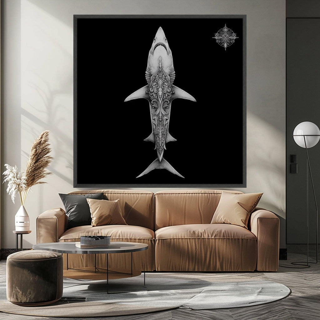 Intricate Shark Design Canvas, Ocean Art Print, Tattoo Style Wall Art, Marine Life Decor, Detailed Black Background Canvas, Modern Home