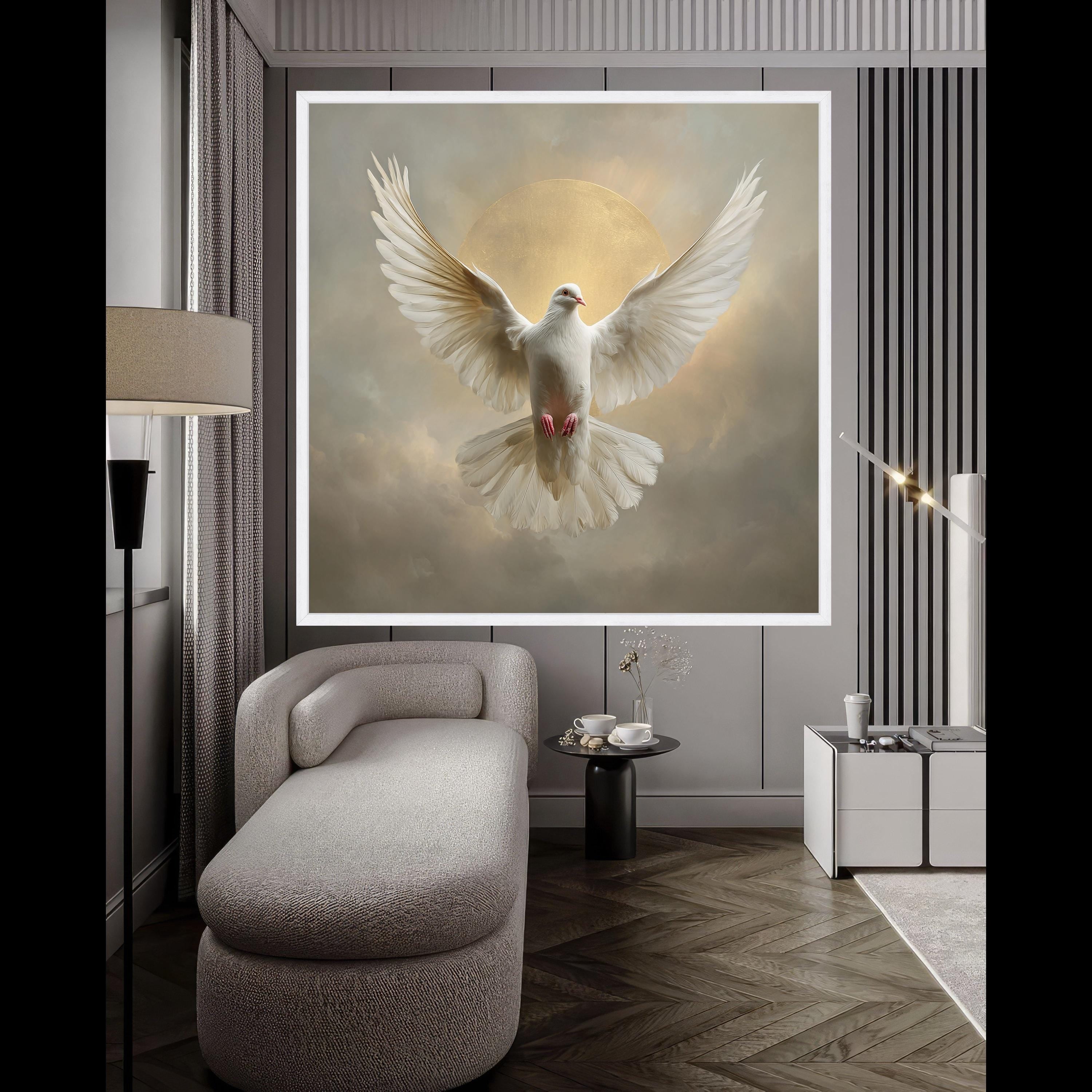 Majestic White Dove Canvas, Peace Symbol Wall Art, Spiritual Bird Decor, Golden Halo Background, Inspirational Canvas Art, Ready to Hang