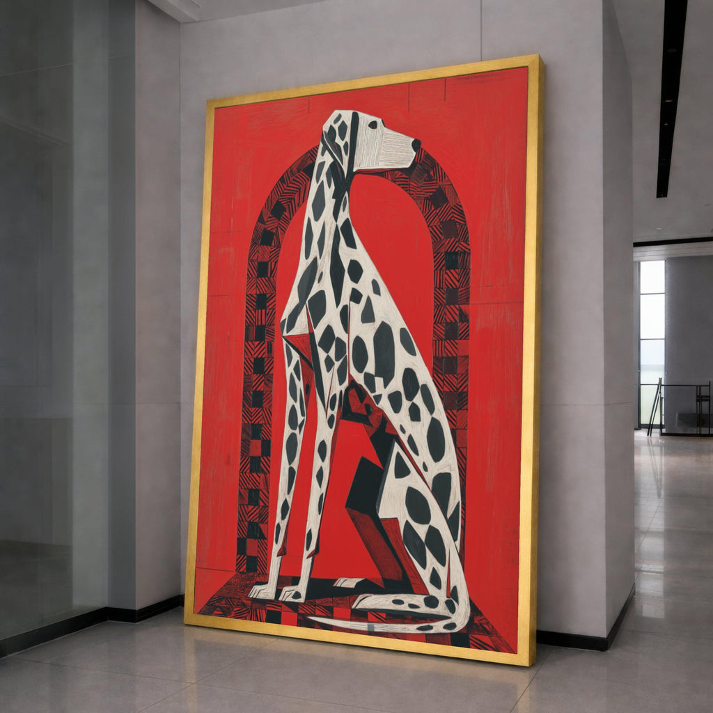 Modern Dalmatian Dog Art, Geometric Animal Canvas, Bold Red Wall Decor, Abstract Pet Portrait, Contemporary Canvas Wall Art