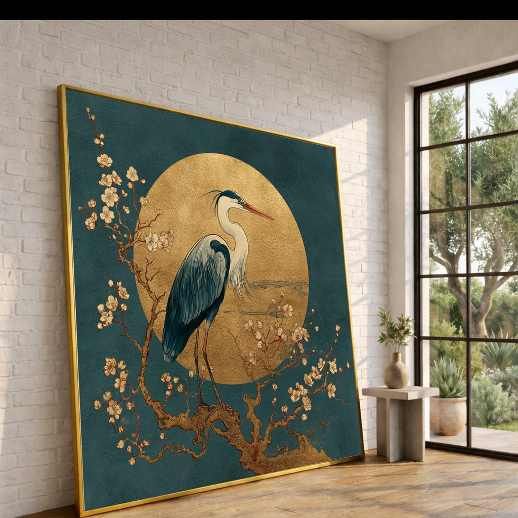 Elegant Heron Bird Canvas Wall Art, Golden Moon and Cherry Blossom Tree, Asian Style Nature Decor, Zen Inspired Canvas Painting, Ready to