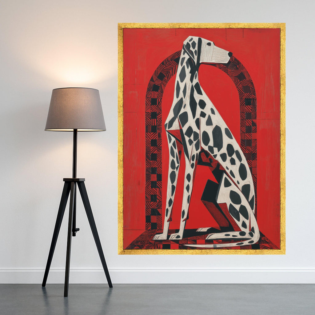 Modern Dalmatian Dog Art, Geometric Animal Canvas, Bold Red Wall Decor, Abstract Pet Portrait, Contemporary Canvas Wall Art